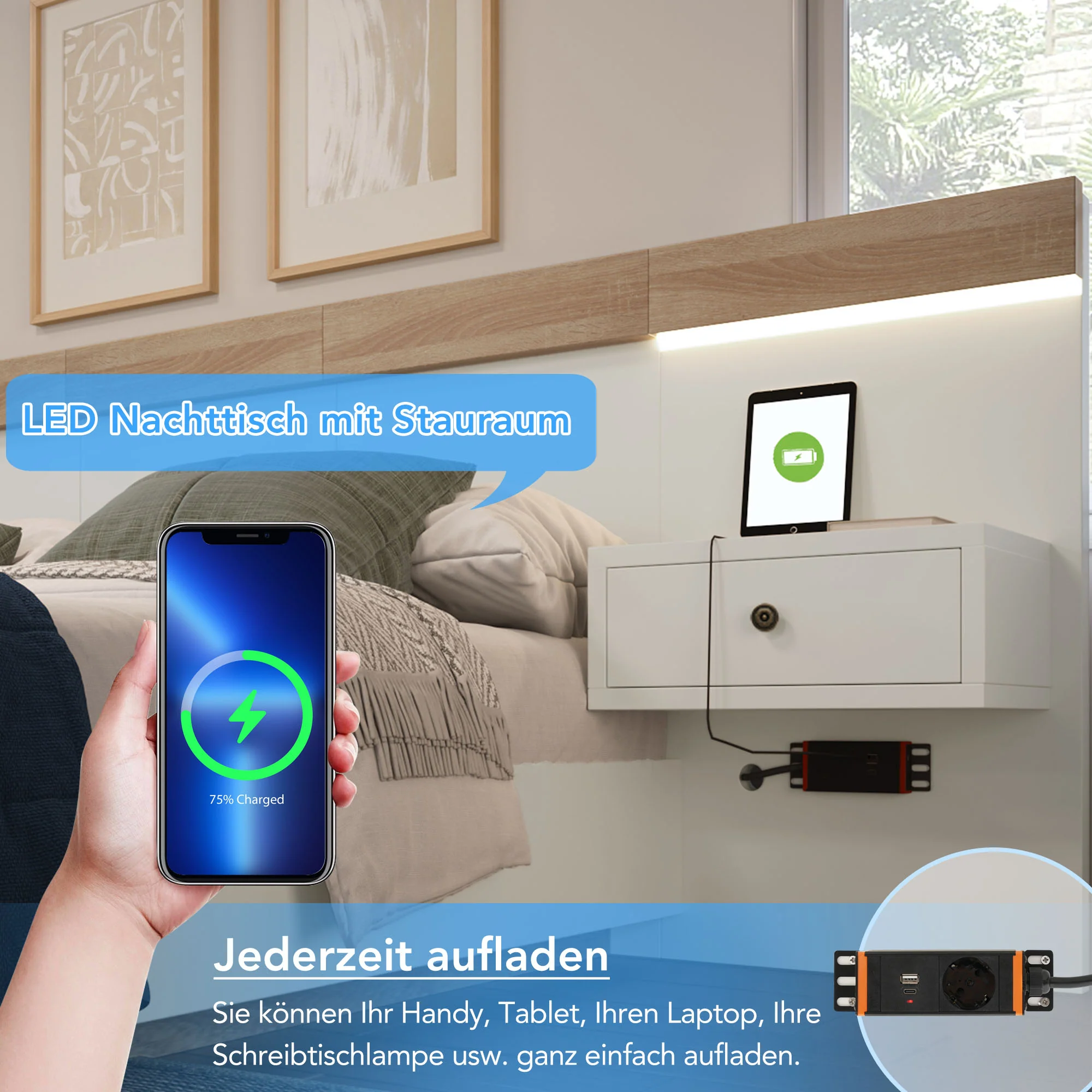Double Bed Set, 160x200 cm, 2 LED Nightstands & USB C Socket, Wooden, Sonoma Oak/White - Image 6