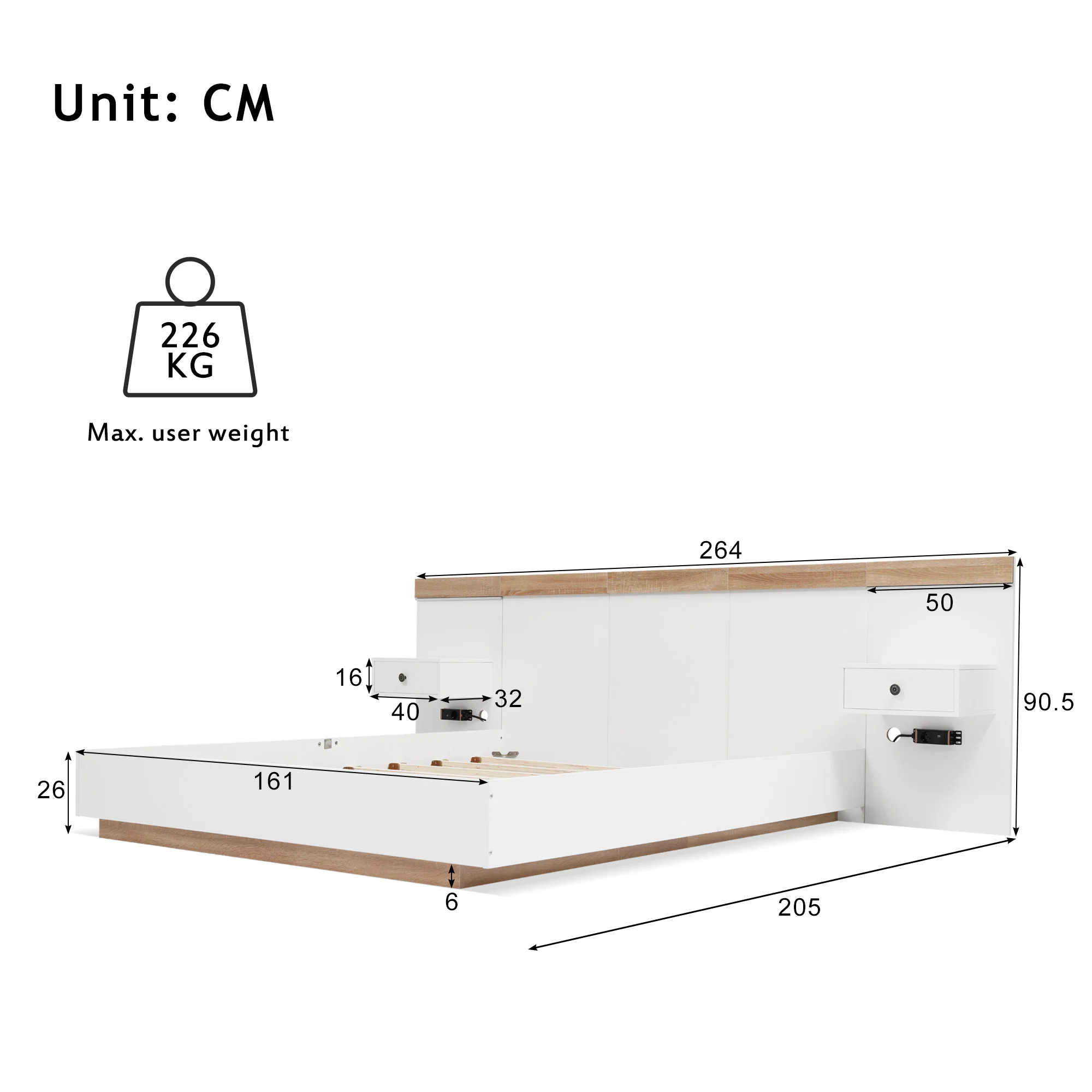 Double Bed Set, 160x200 cm, 2 LED Nightstands & USB C Socket, Wooden, Sonoma Oak/White - Image 8