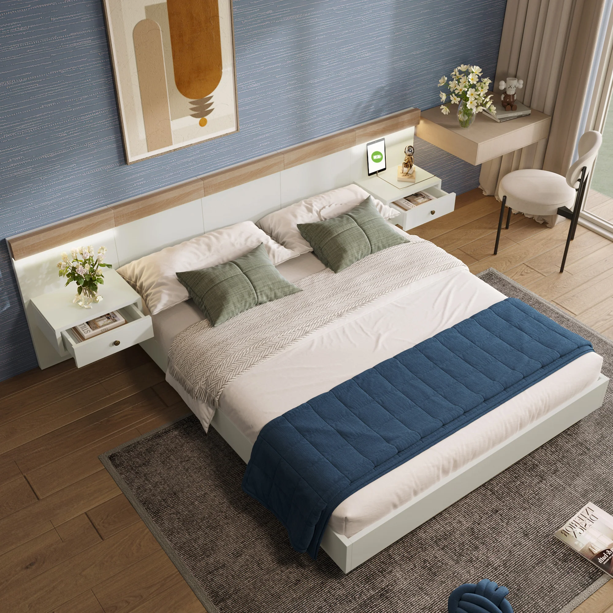 Double Bed Set, 160x200 cm, 2 LED Nightstands & USB C Socket, Wooden, Sonoma Oak/White - Image 9