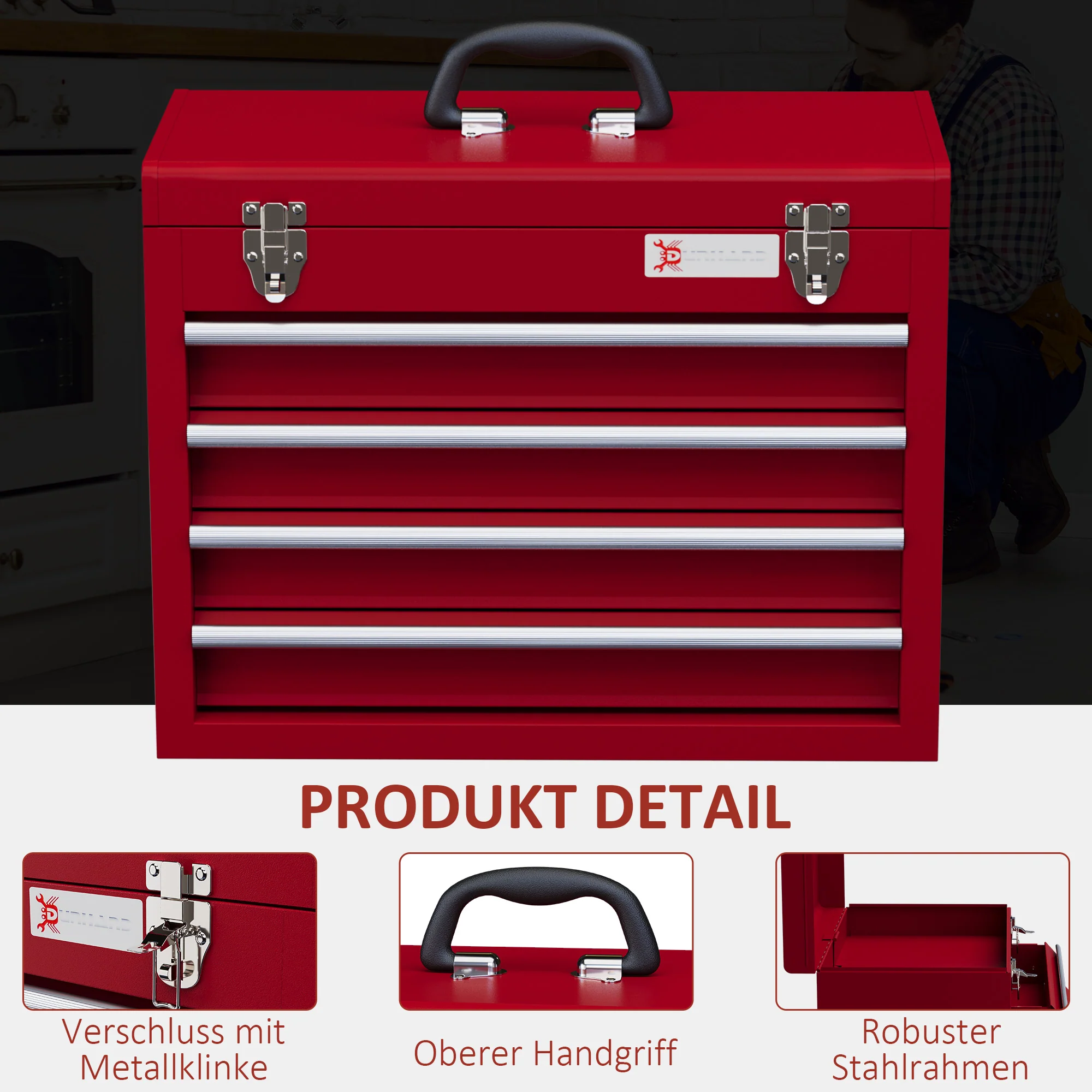 DURHAND Empty Tool Case, 4 Drawers, Top Storage, Lockable, Steel - Image 4