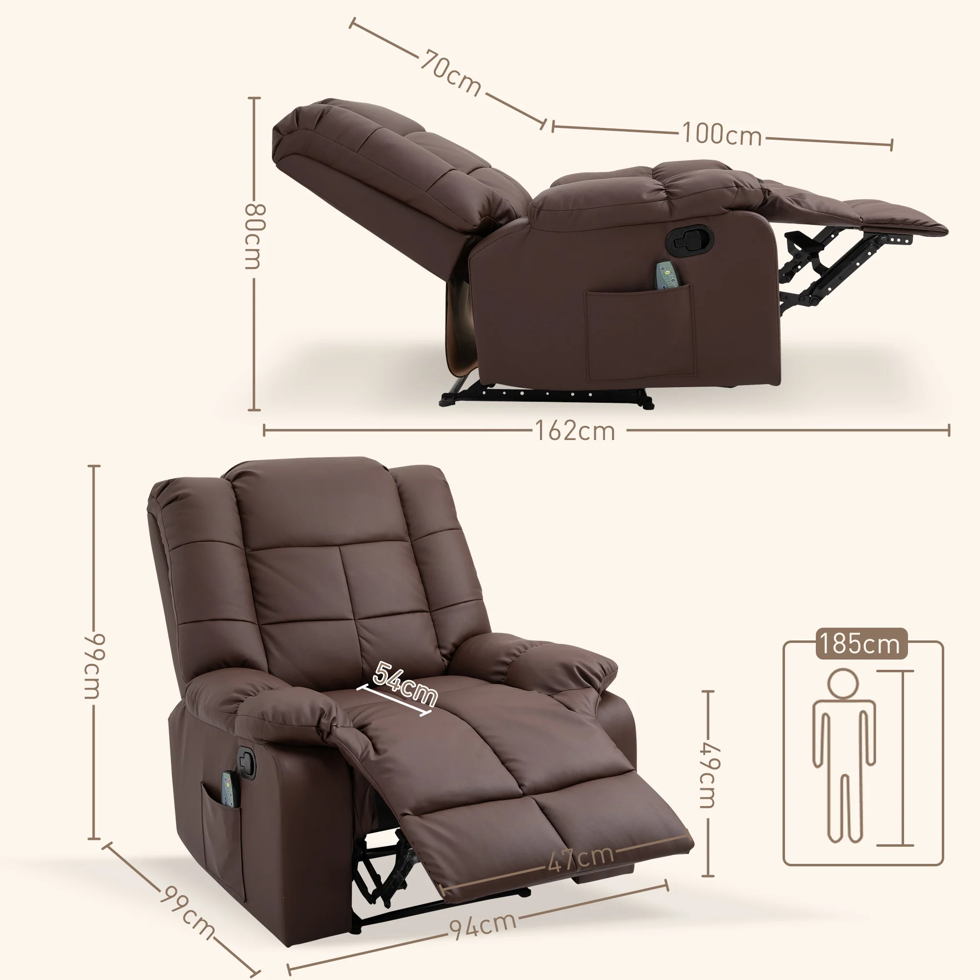 Electric TV Recliner, 165° Reclining 8 Massage Points Remote Control, Faux Leather Brown - Image 3