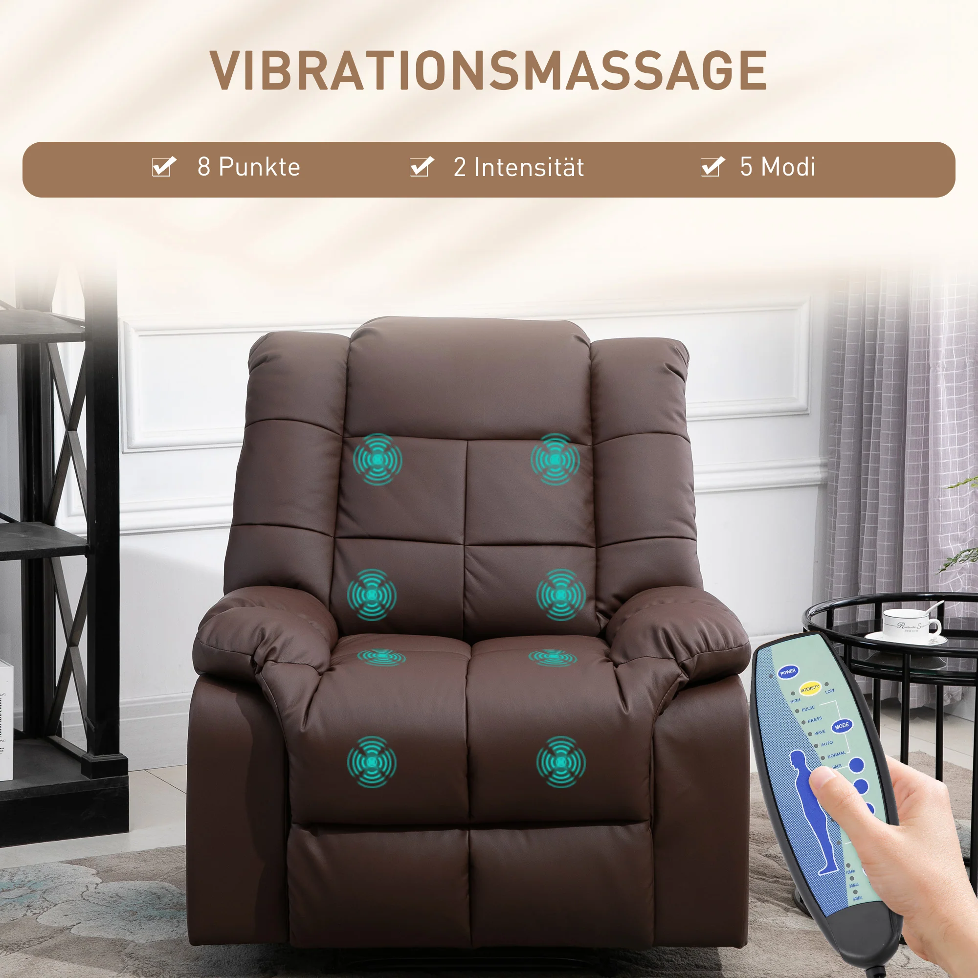 Electric TV Recliner, 165° Reclining 8 Massage Points Remote Control, Faux Leather Brown - Image 4