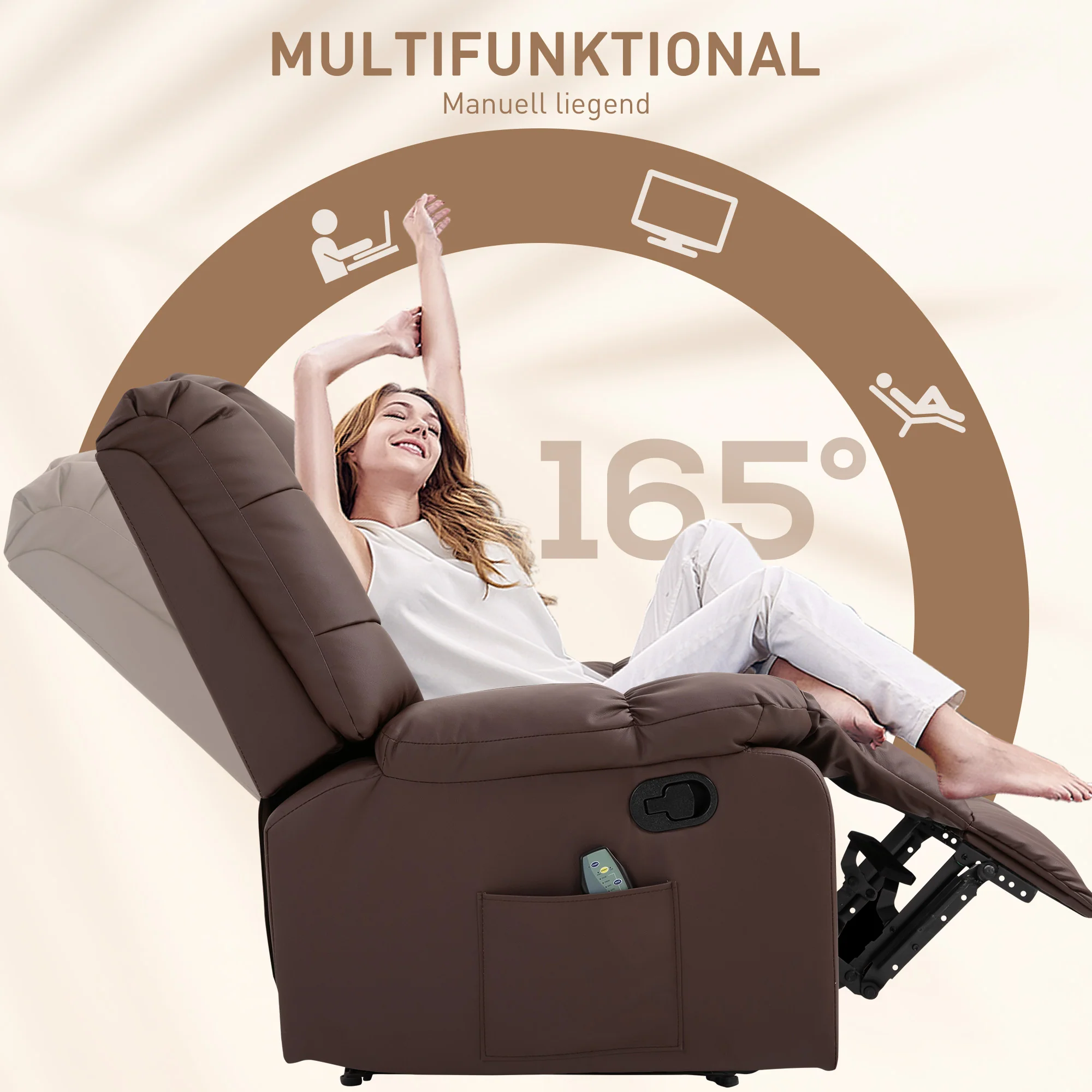 Electric TV Recliner, 165° Reclining 8 Massage Points Remote Control, Faux Leather Brown - Image 5