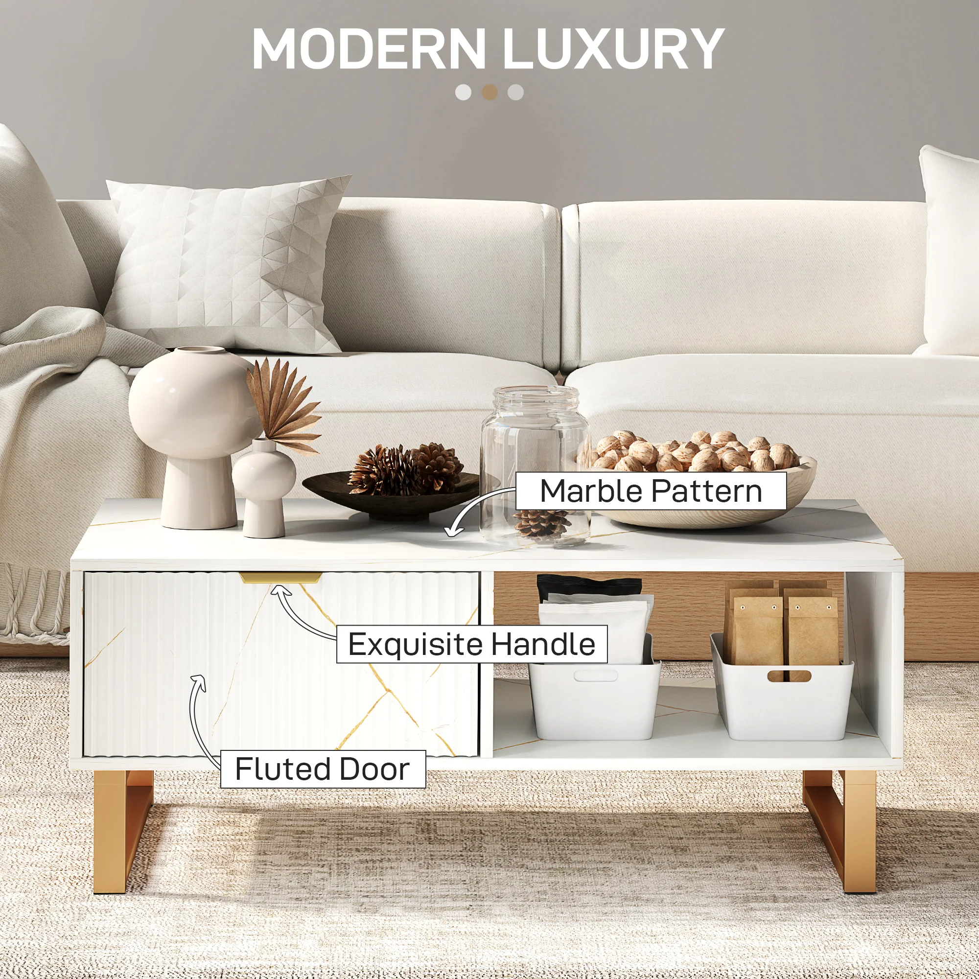 Elegant Coffee Table with Storage, Marble Effect - White - Image 4