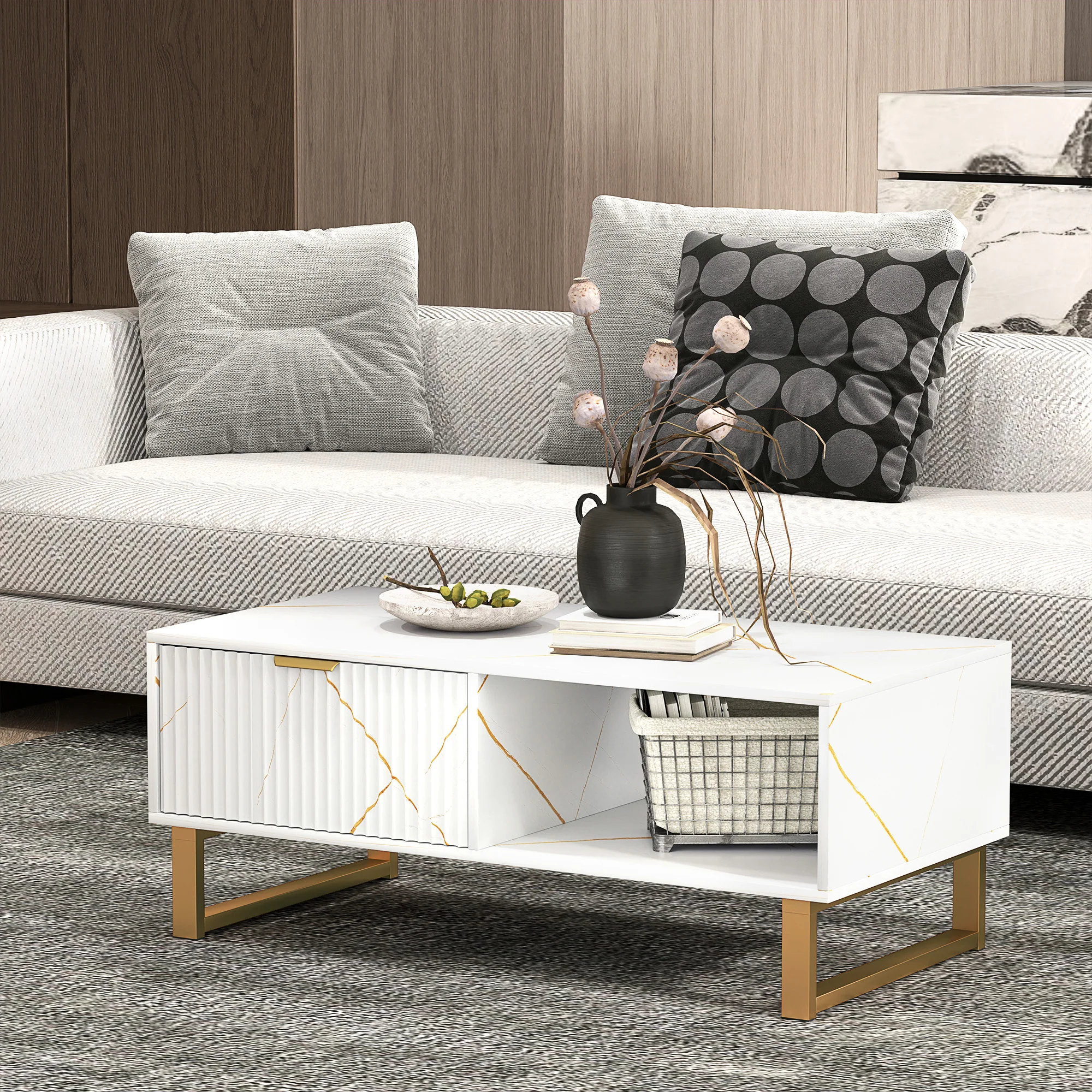 Elegant Coffee Table with Storage, Marble Effect - White - Image 7