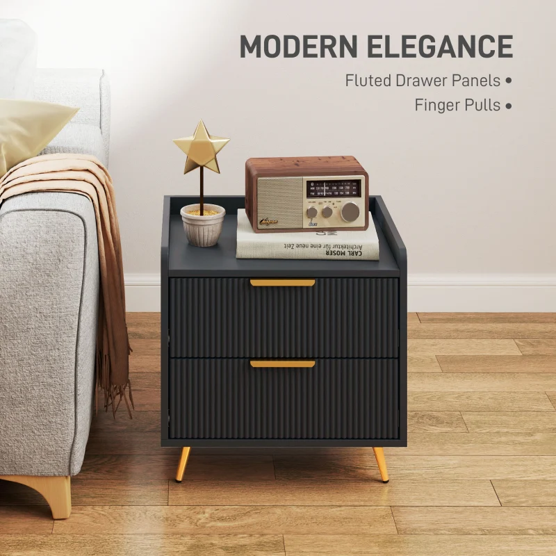 Elegant Two-Drawer Bedside Table, Black Engineered Wood - Image 4