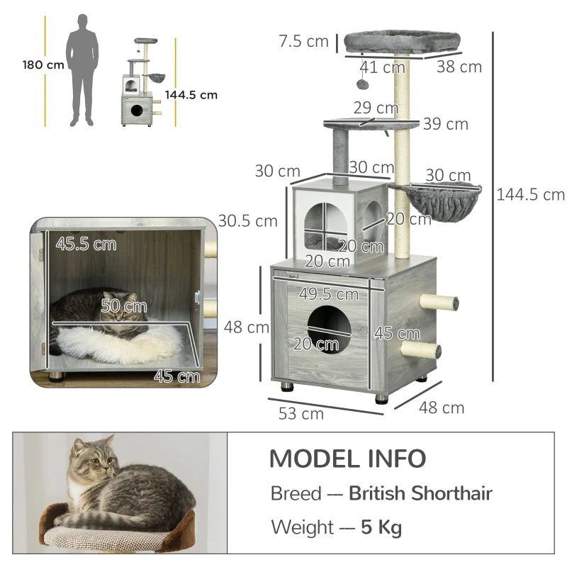 Enclosed Cat Litter Box, Cat House, Cat Bed, Scratching Posts, Platforms, Grey - Image 3