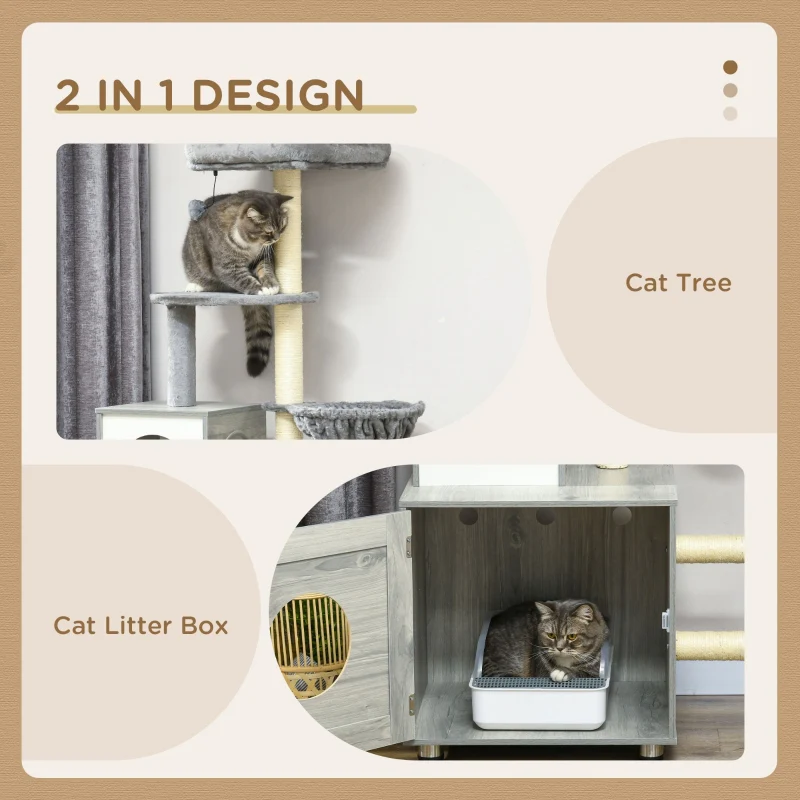 Enclosed Cat Litter Box, Cat House, Cat Bed, Scratching Posts, Platforms, Grey - Image 4