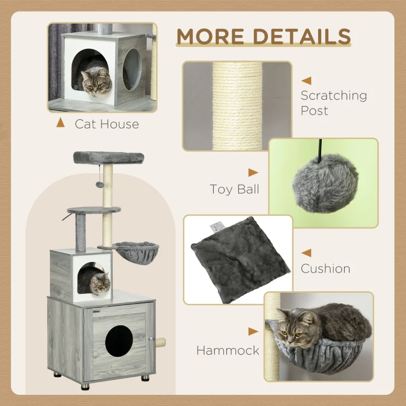 Enclosed Cat Litter Box, Cat House, Cat Bed, Scratching Posts, Platforms, Grey - Image 5
