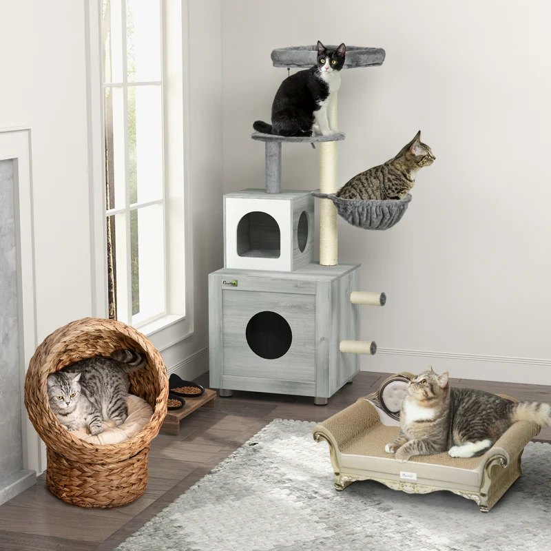 Enclosed Cat Litter Box, Cat House, Cat Bed, Scratching Posts, Platforms, Grey - Image 8