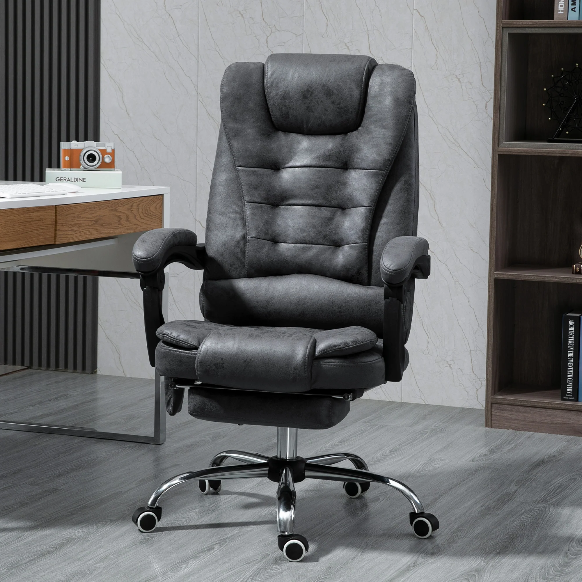 Executive Office Chair with Heated 6-Point Vibration Massage, Adjustable Swivel Recliner with Footrest, Dark Grey