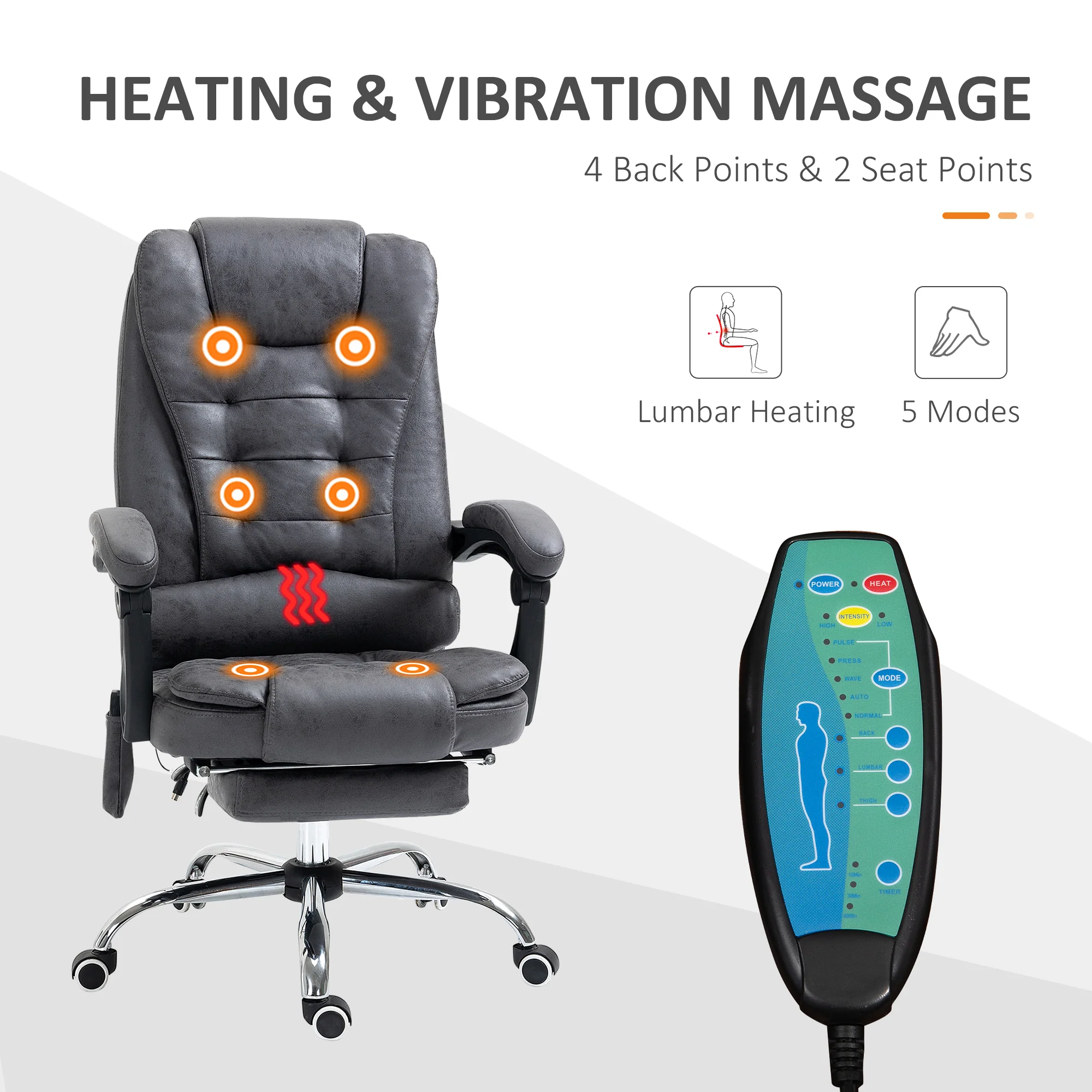 Executive Office Chair with Heated 6-Point Vibration Massage, Adjustable Swivel Recliner with Footrest, Dark Grey - Image 4