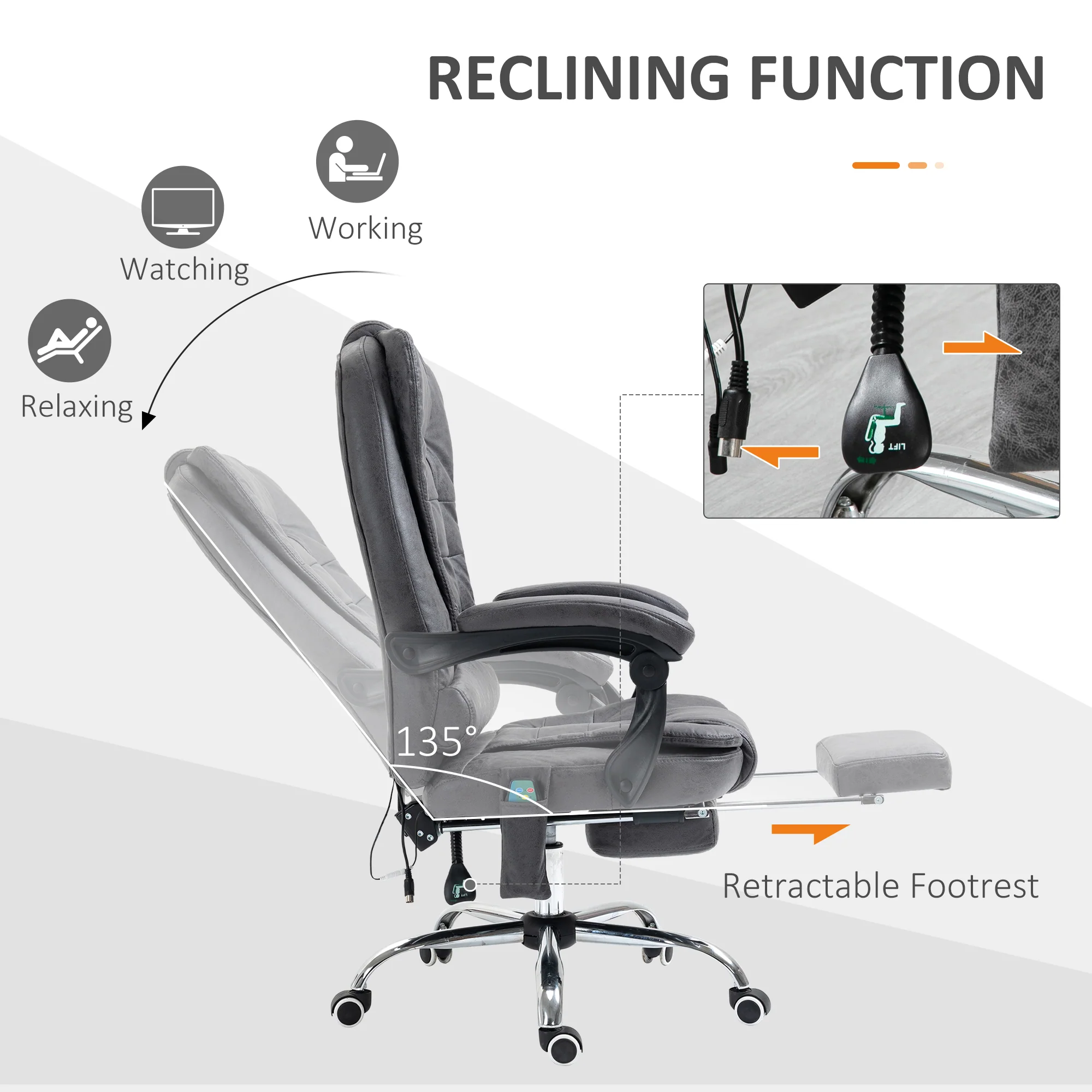Executive Office Chair with Heated 6-Point Vibration Massage, Adjustable Swivel Recliner with Footrest, Dark Grey - Image 5