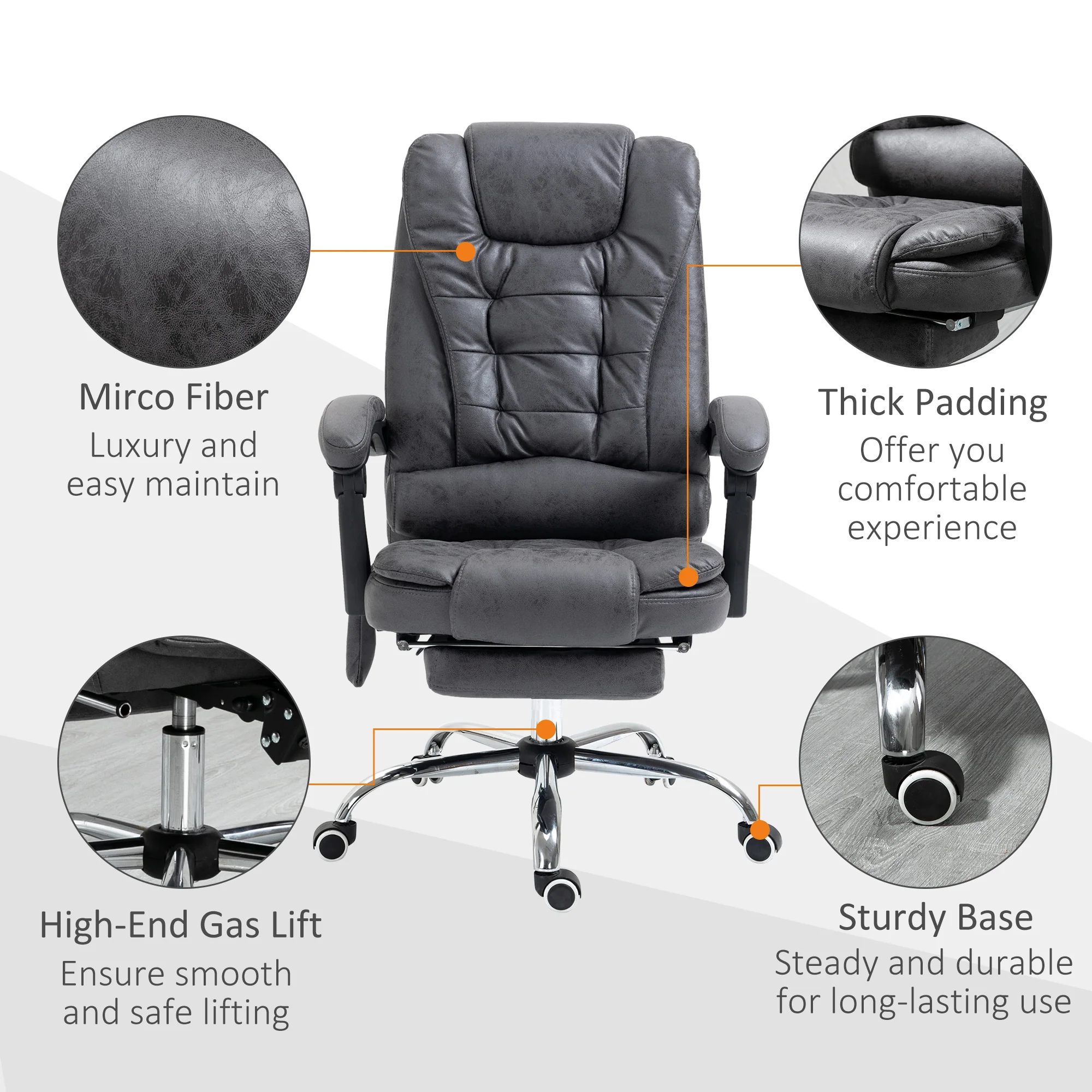 Executive Office Chair with Heated 6-Point Vibration Massage, Adjustable Swivel Recliner with Footrest, Dark Grey - Image 7