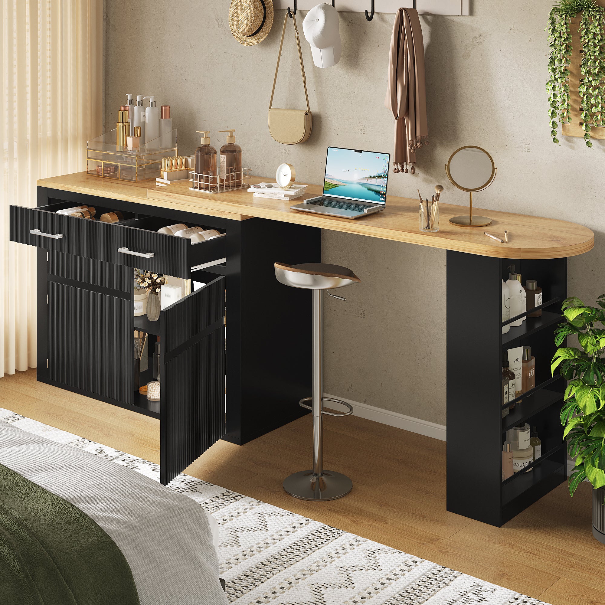 Extendable Bar Table Telescopic Storage Drawer Shelves - Black - Image 2