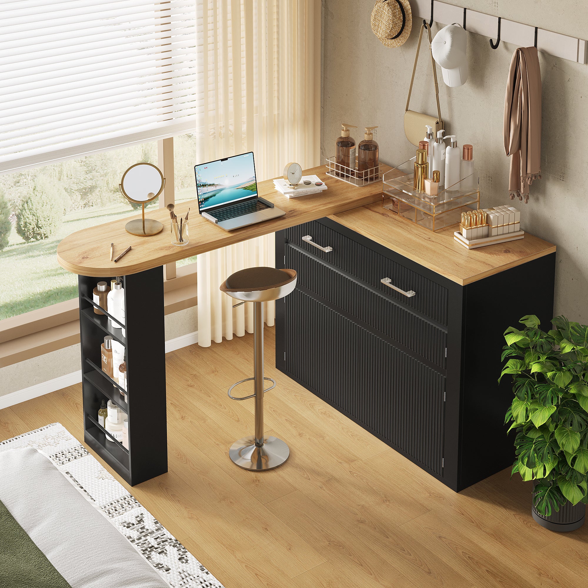 Extendable Bar Table Telescopic Storage Drawer Shelves - Black - Image 3
