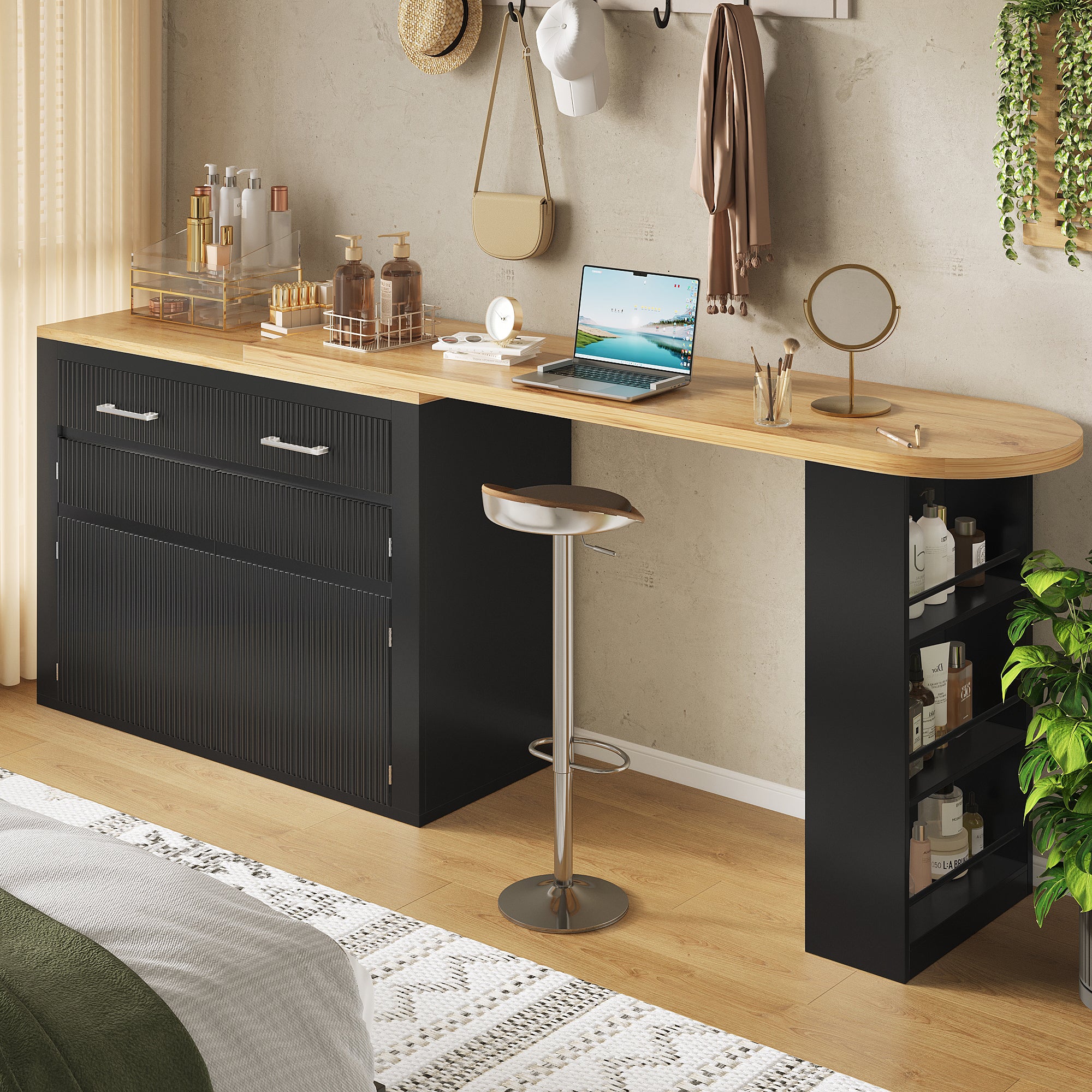 Extendable Bar Table Telescopic Storage Drawer Shelves - Black - Image 4