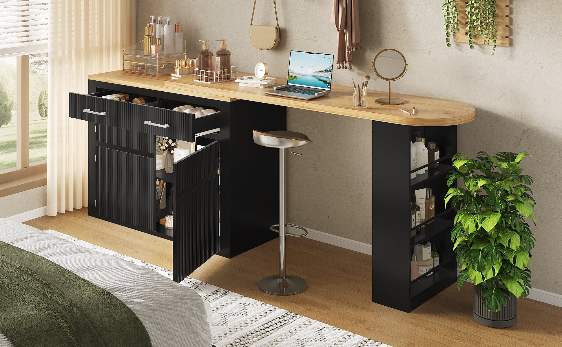 Extendable Bar Table Telescopic Storage Drawer Shelves - Black - Image 5