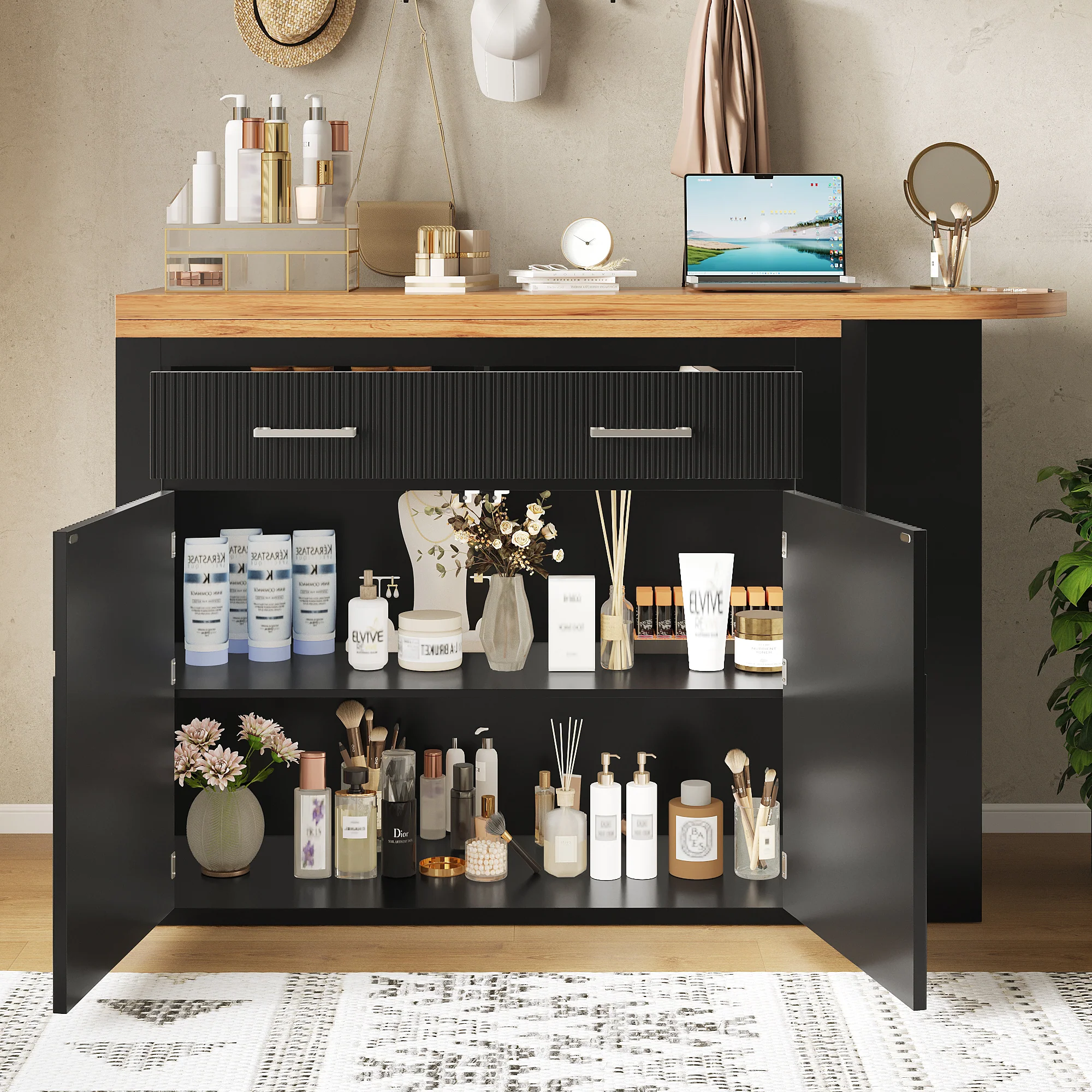 Extendable Bar Table Telescopic Storage Drawer Shelves - Black - Image 6