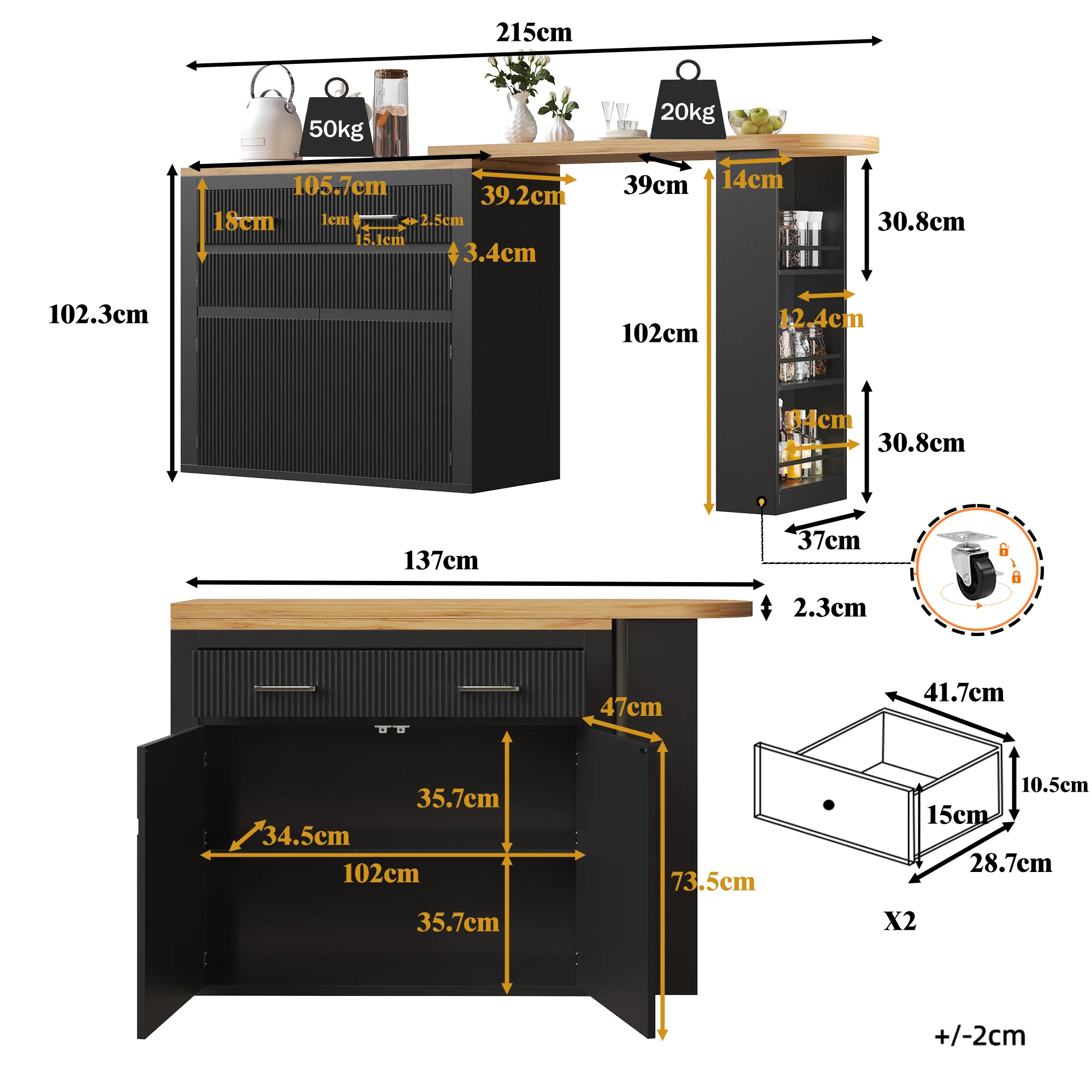 Extendable Bar Table Telescopic Storage Drawer Shelves - Black - Image 7