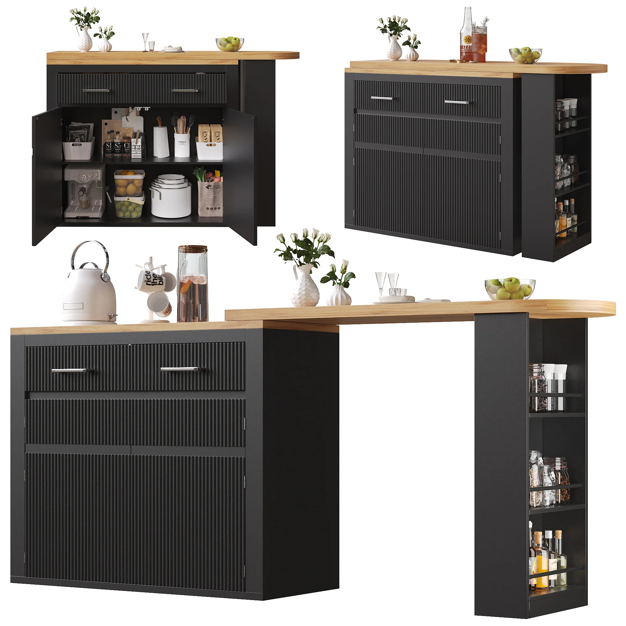 Extendable Bar Table Telescopic Storage Drawer Shelves - Black - Image 8