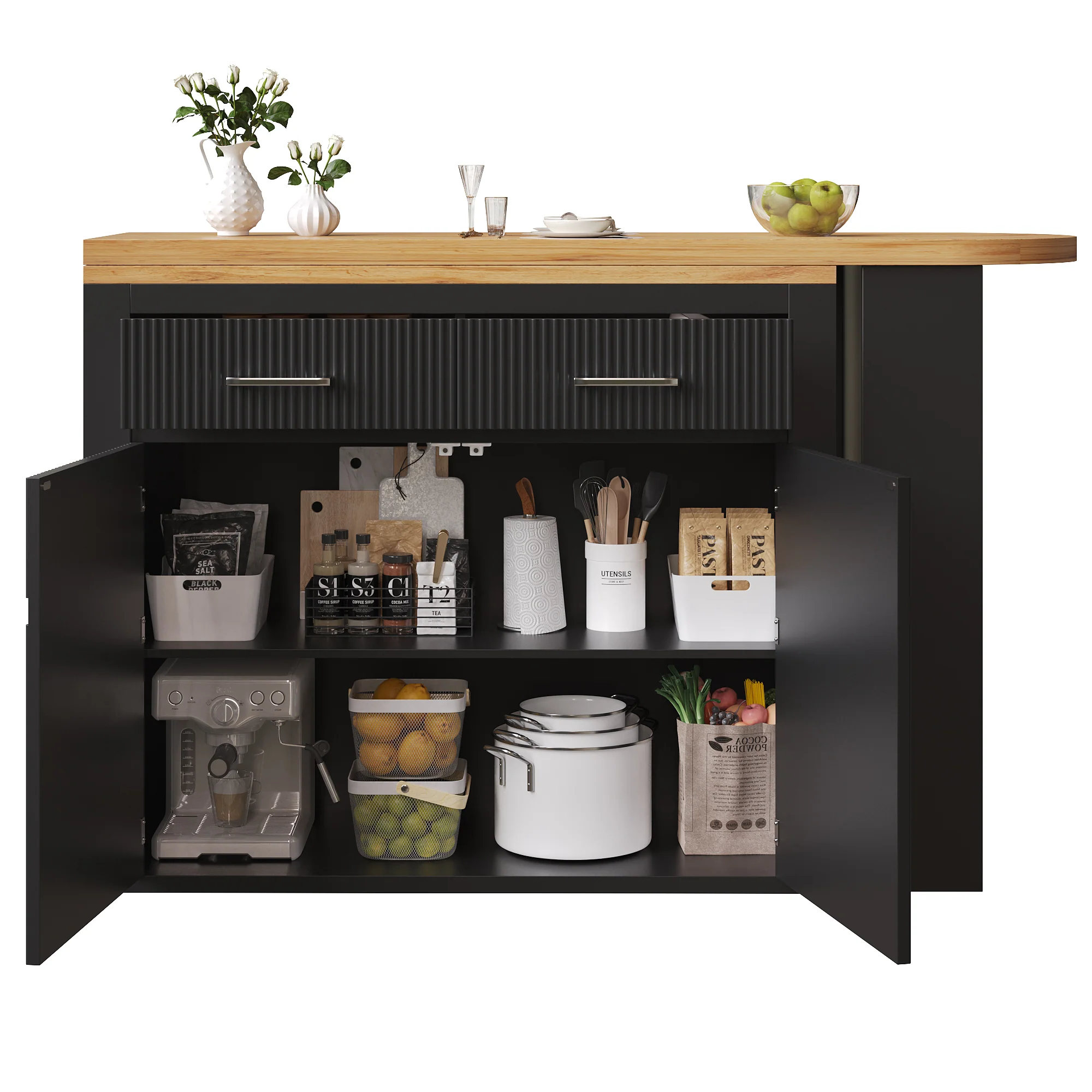 Extendable Bar Table Telescopic Storage Drawer Shelves - Black - Image 9
