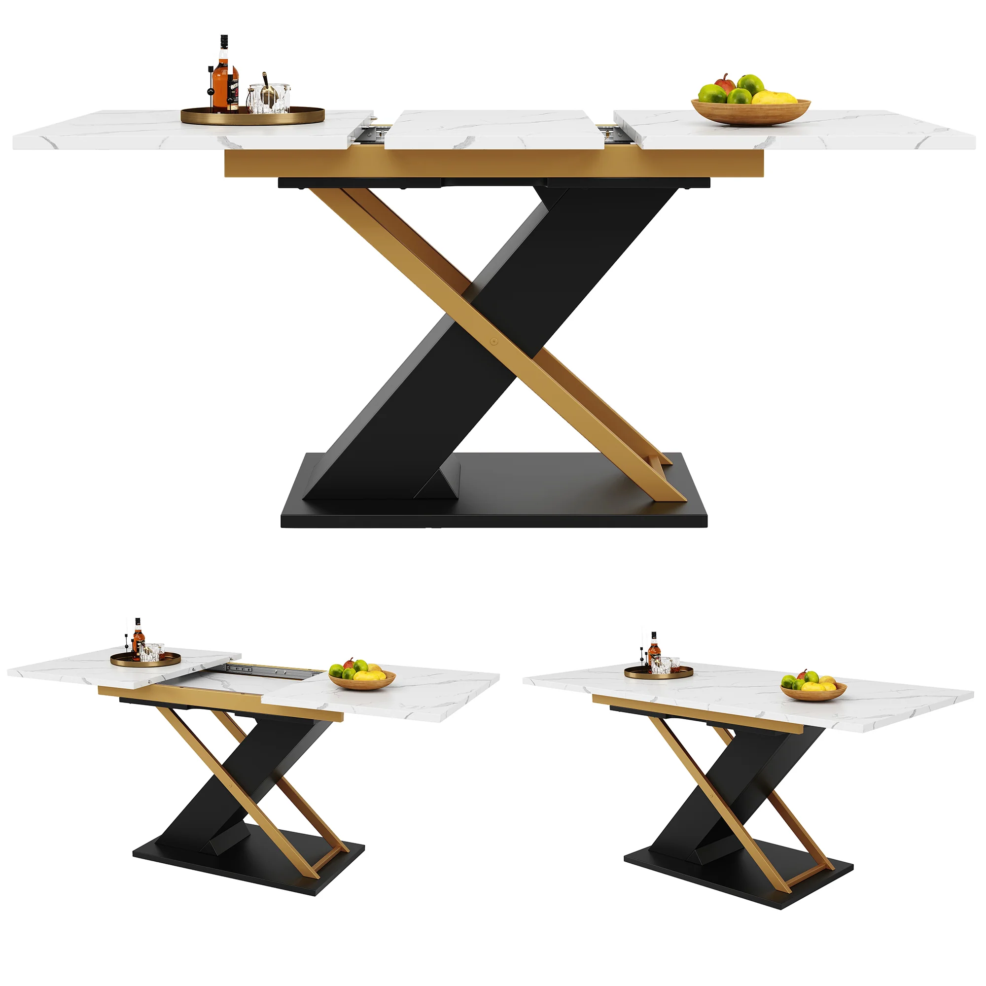 Extendable Dining Table 120-160cm Internal Leaf Golden Cross Legs - Image 5