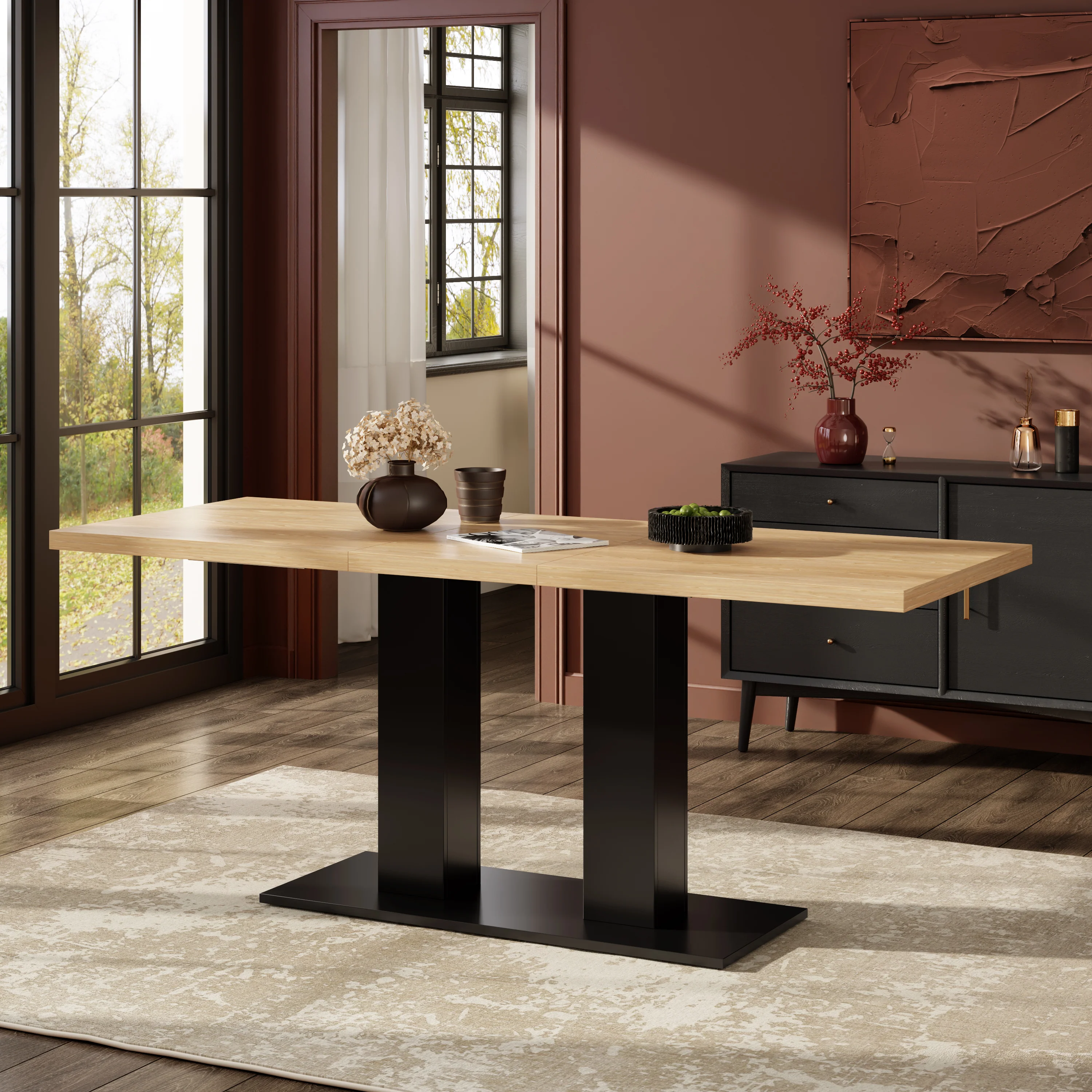 Extendable Dining Table, 140/180x70cm for 6-8 People, Natural Wood Color - Image 3