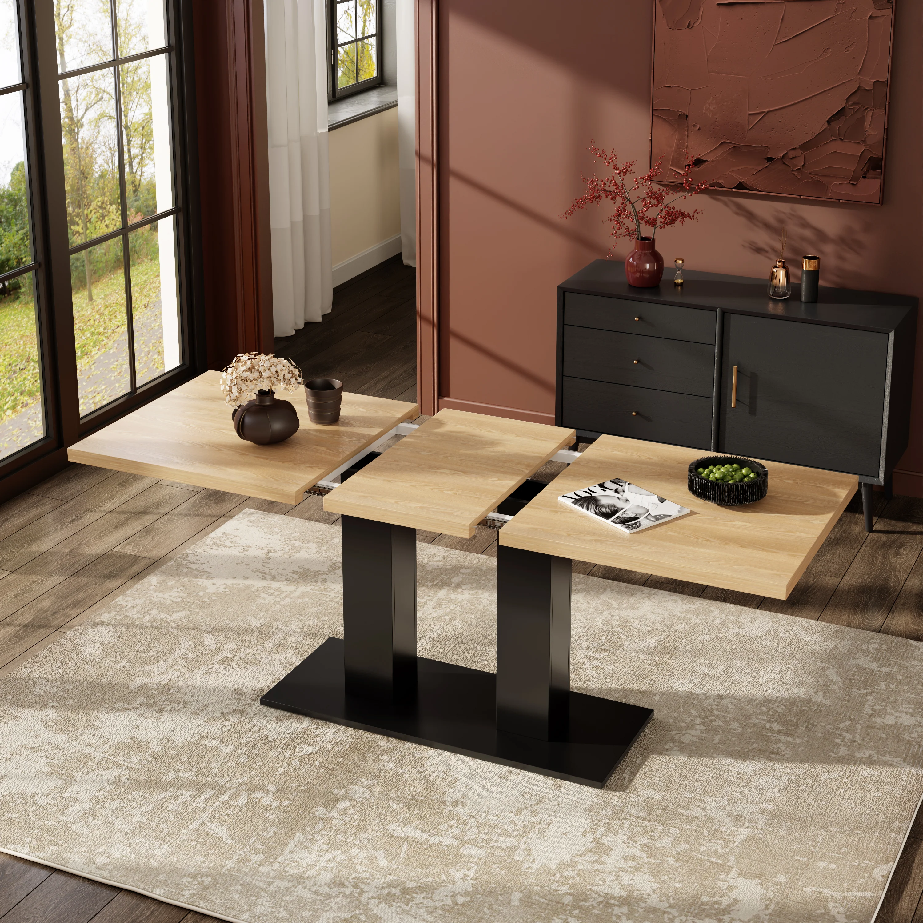 Extendable Dining Table, 140/180x70cm for 6-8 People, Natural Wood Color - Image 4