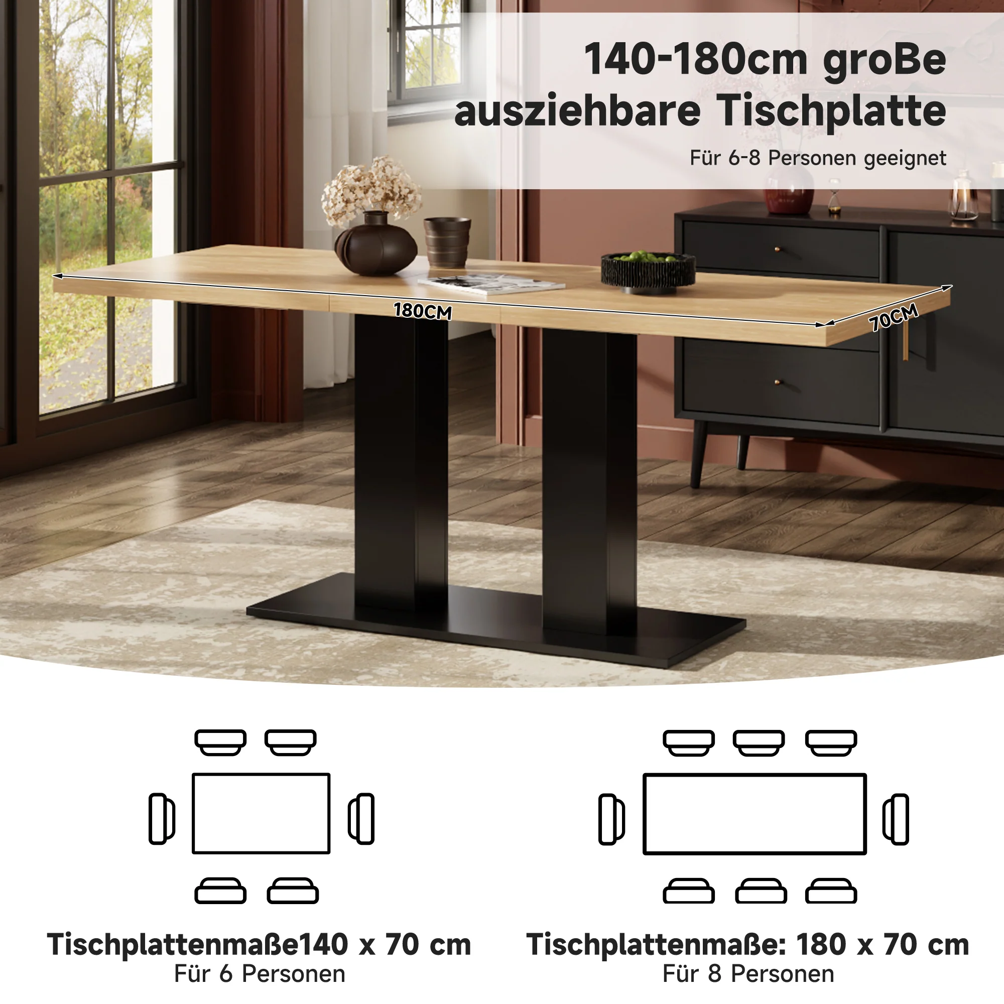 Extendable Dining Table, 140/180x70cm for 6-8 People, Natural Wood Color - Image 8