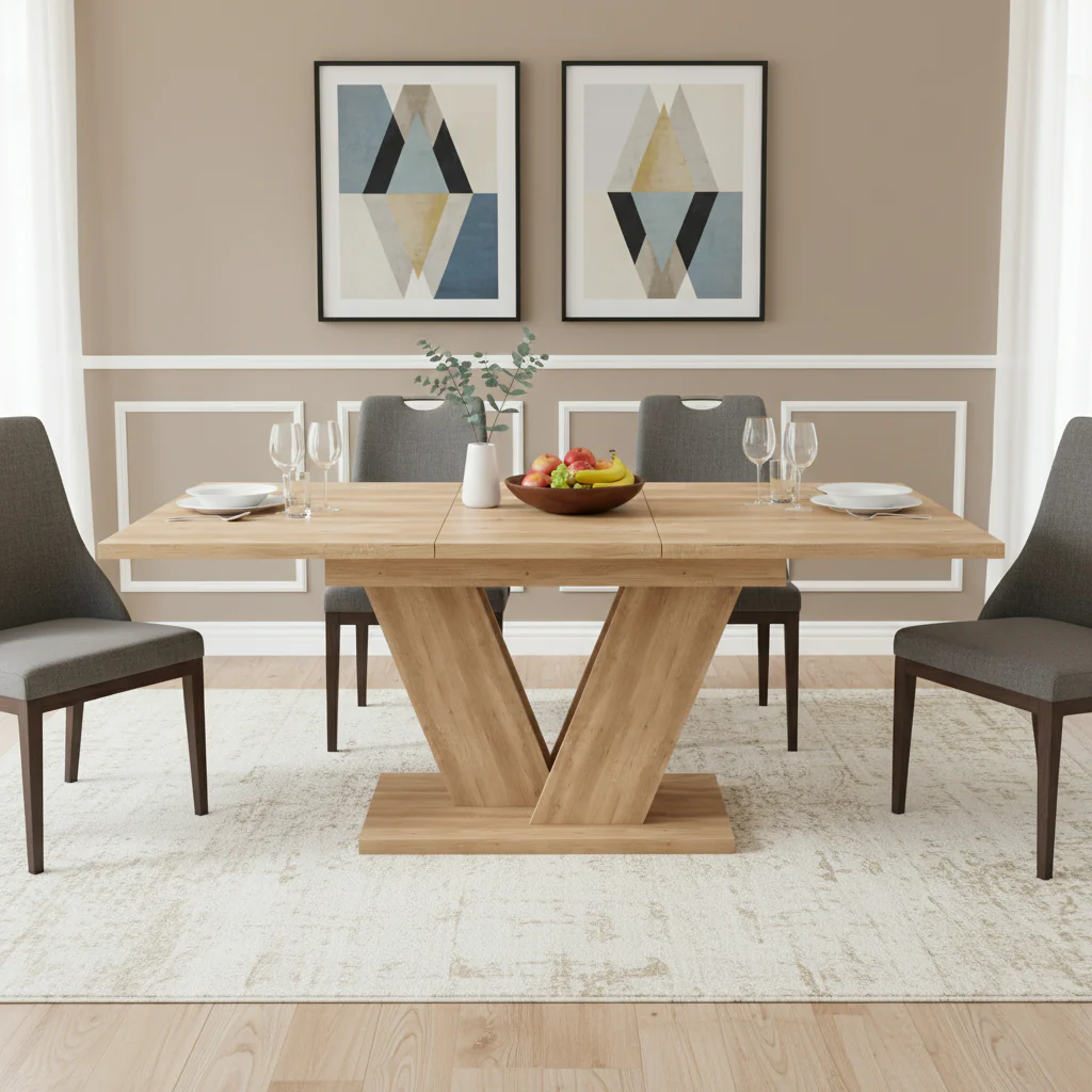 Extendable Dining Table 140/180x80cm Rectangular Thickened Top V-Shaped Legs Oak Color - Image 2
