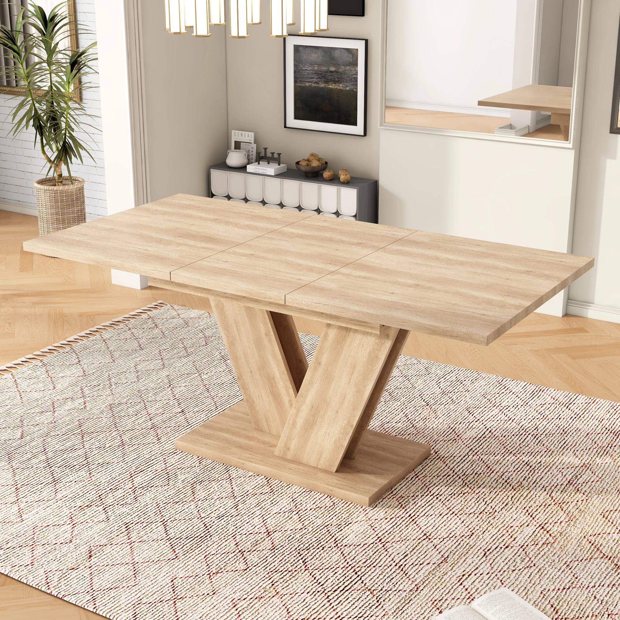 Extendable Dining Table 140/180x80cm Rectangular Thickened Top V-Shaped Legs Oak Color - Image 4
