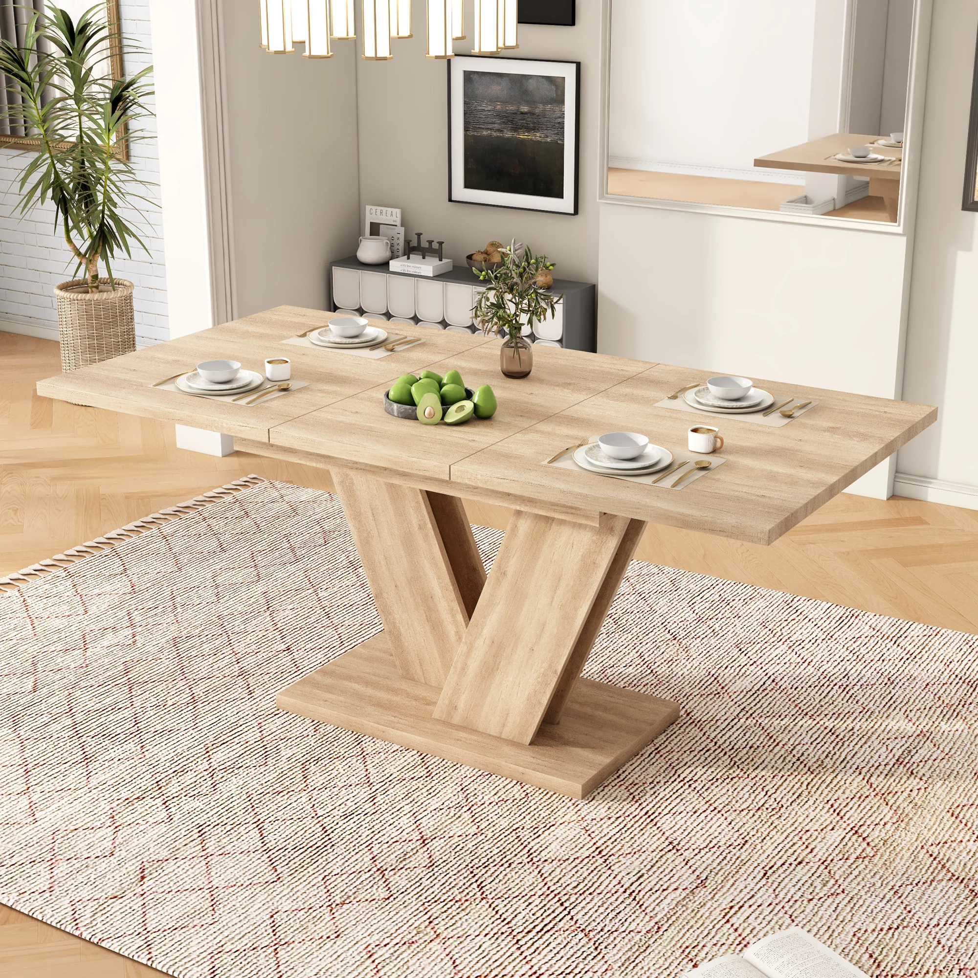 Extendable Dining Table 140/180x80cm Rectangular Thickened Top V-Shaped Legs Oak Color - Image 5