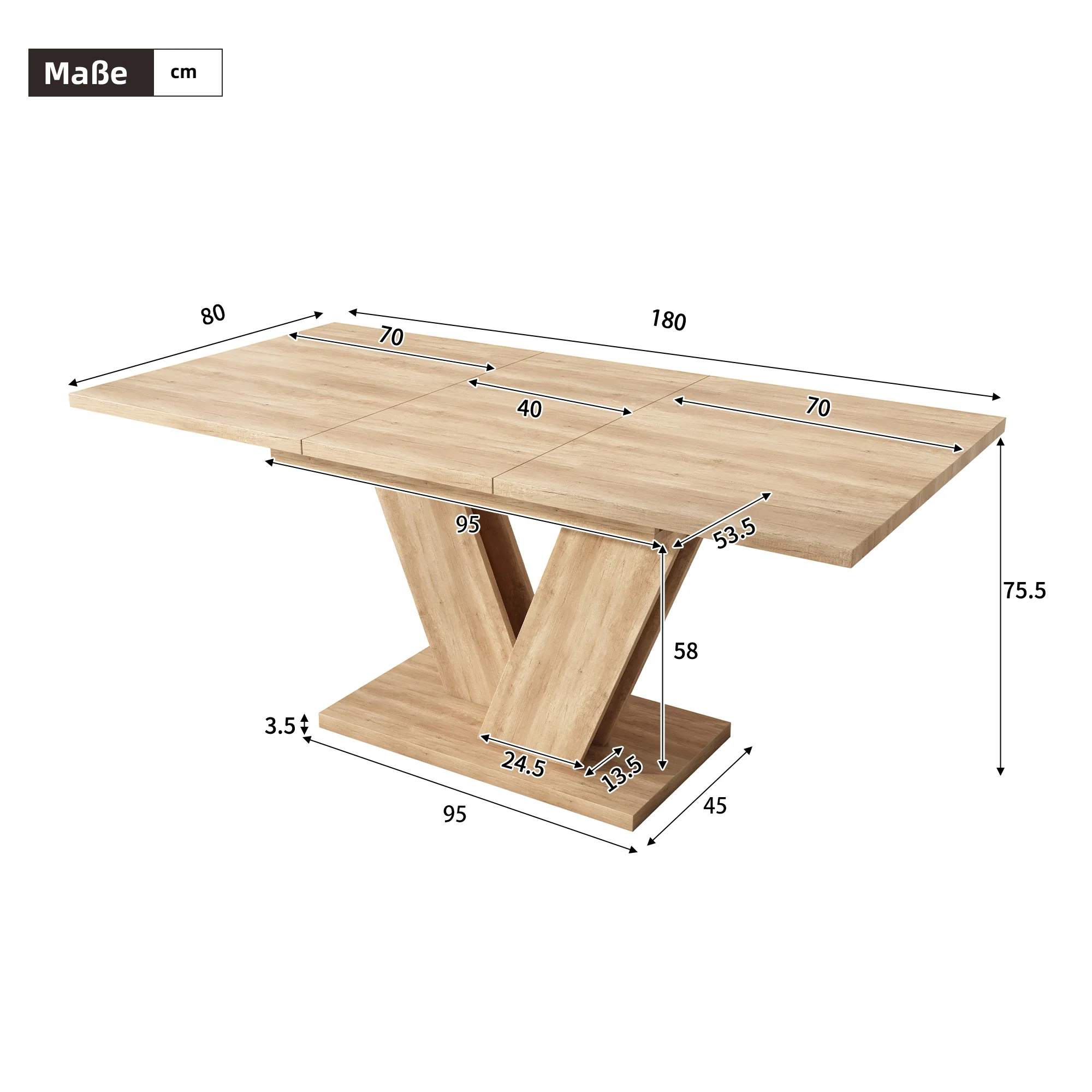 Extendable Dining Table 140/180x80cm Rectangular Thickened Top V-Shaped Legs Oak Color - Image 6