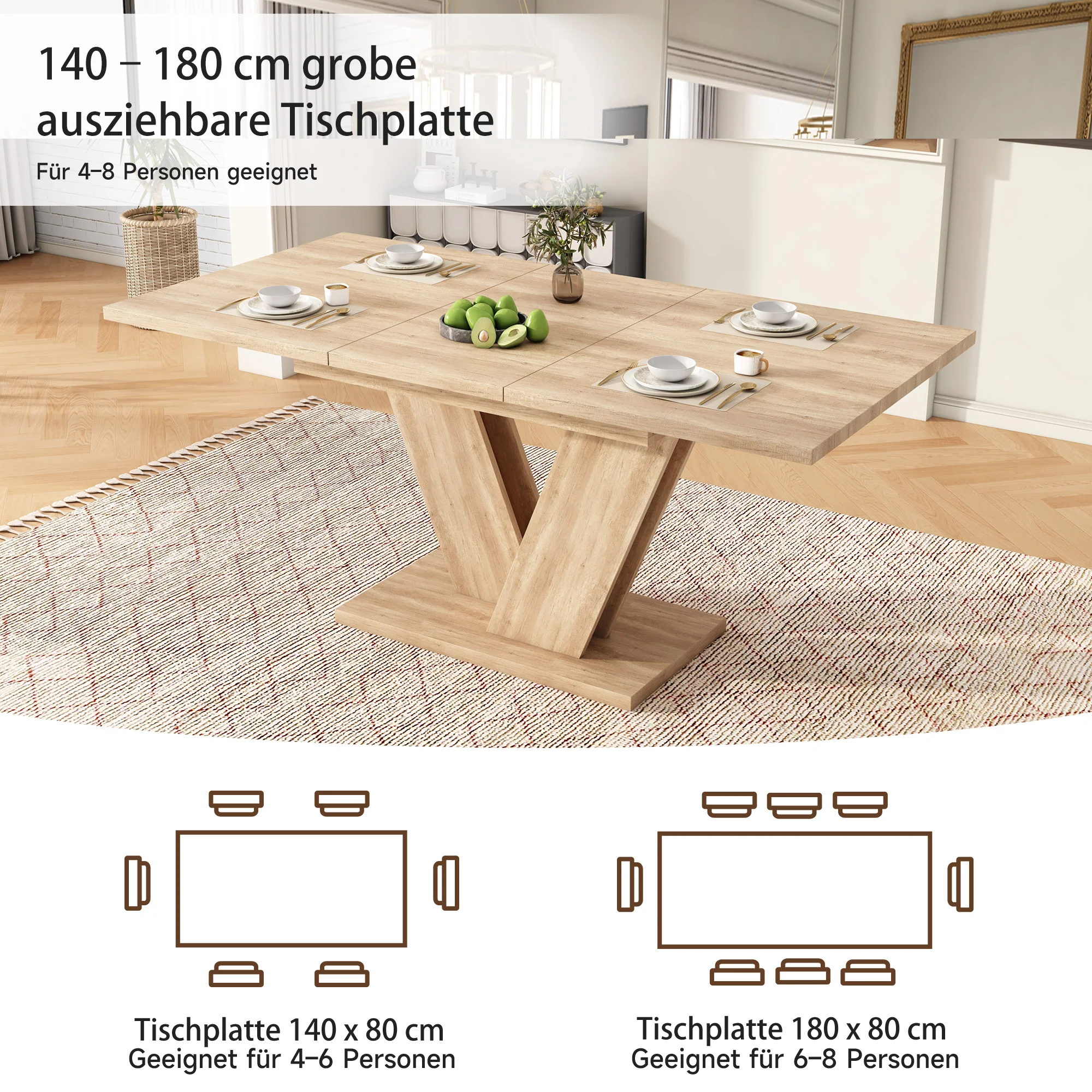 Extendable Dining Table 140/180x80cm Rectangular Thickened Top V-Shaped Legs Oak Color - Image 7