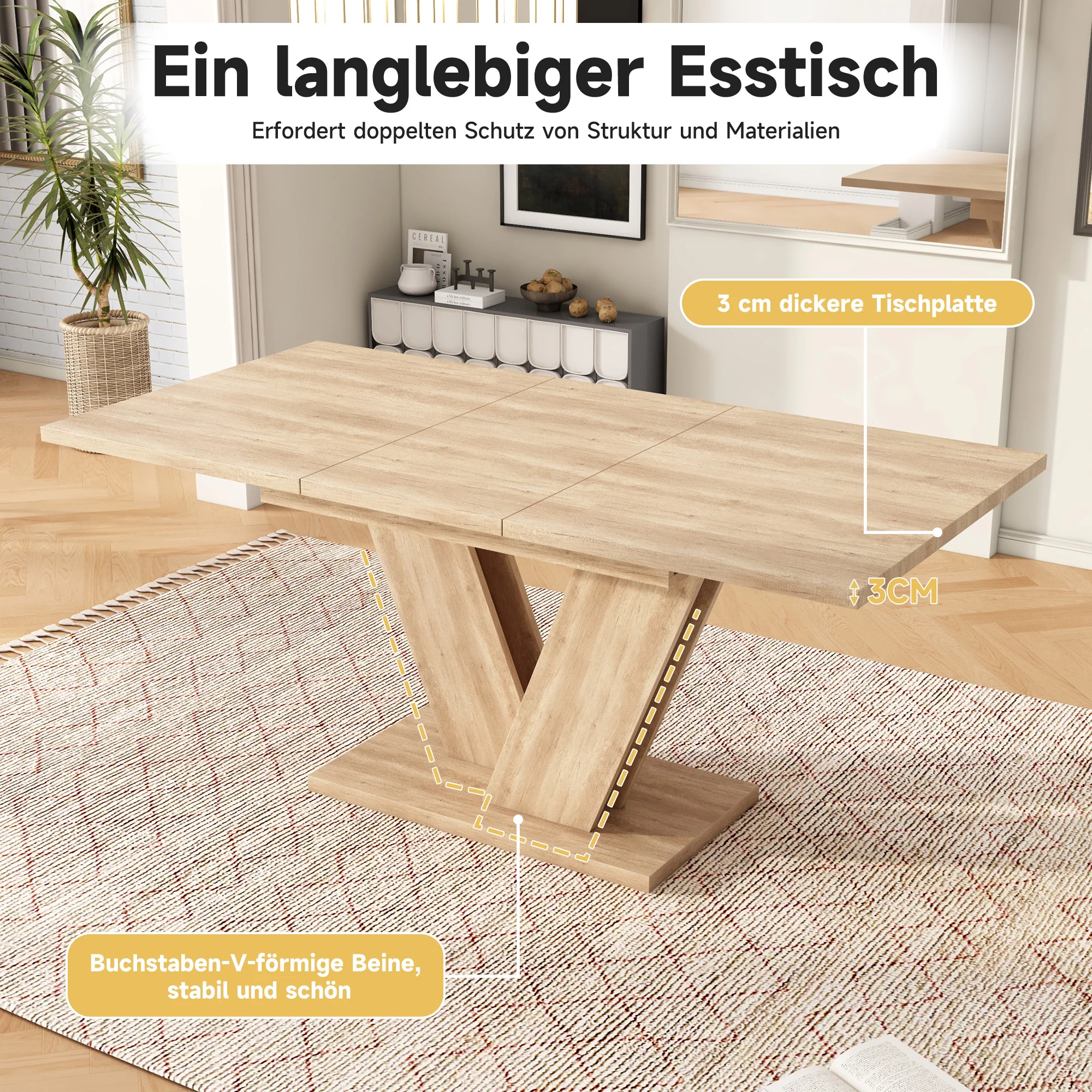 Extendable Dining Table 140/180x80cm Rectangular Thickened Top V-Shaped Legs Oak Color - Image 8