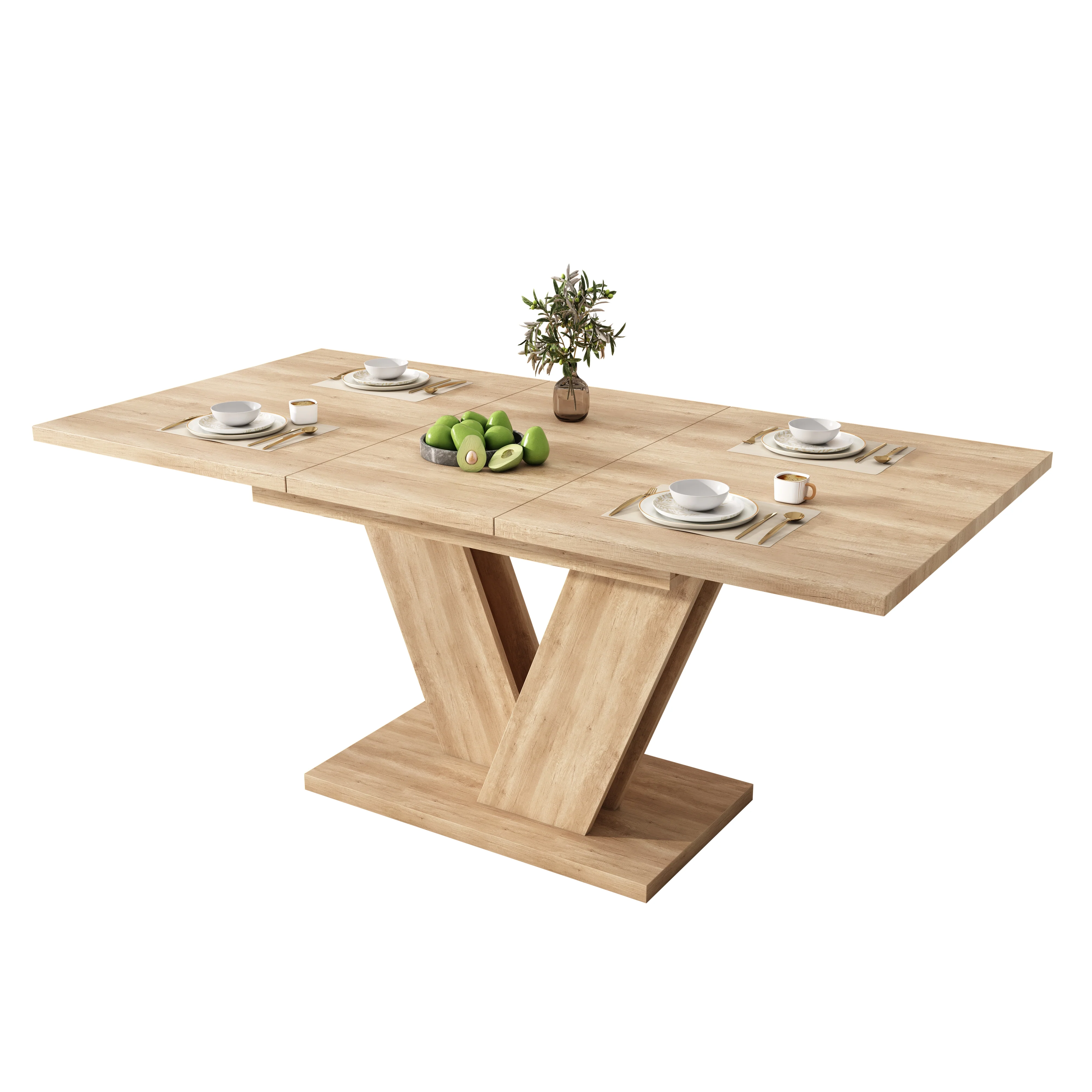Extendable Dining Table 140/180x80cm Rectangular Thickened Top V-Shaped Legs Oak Color - Image 9