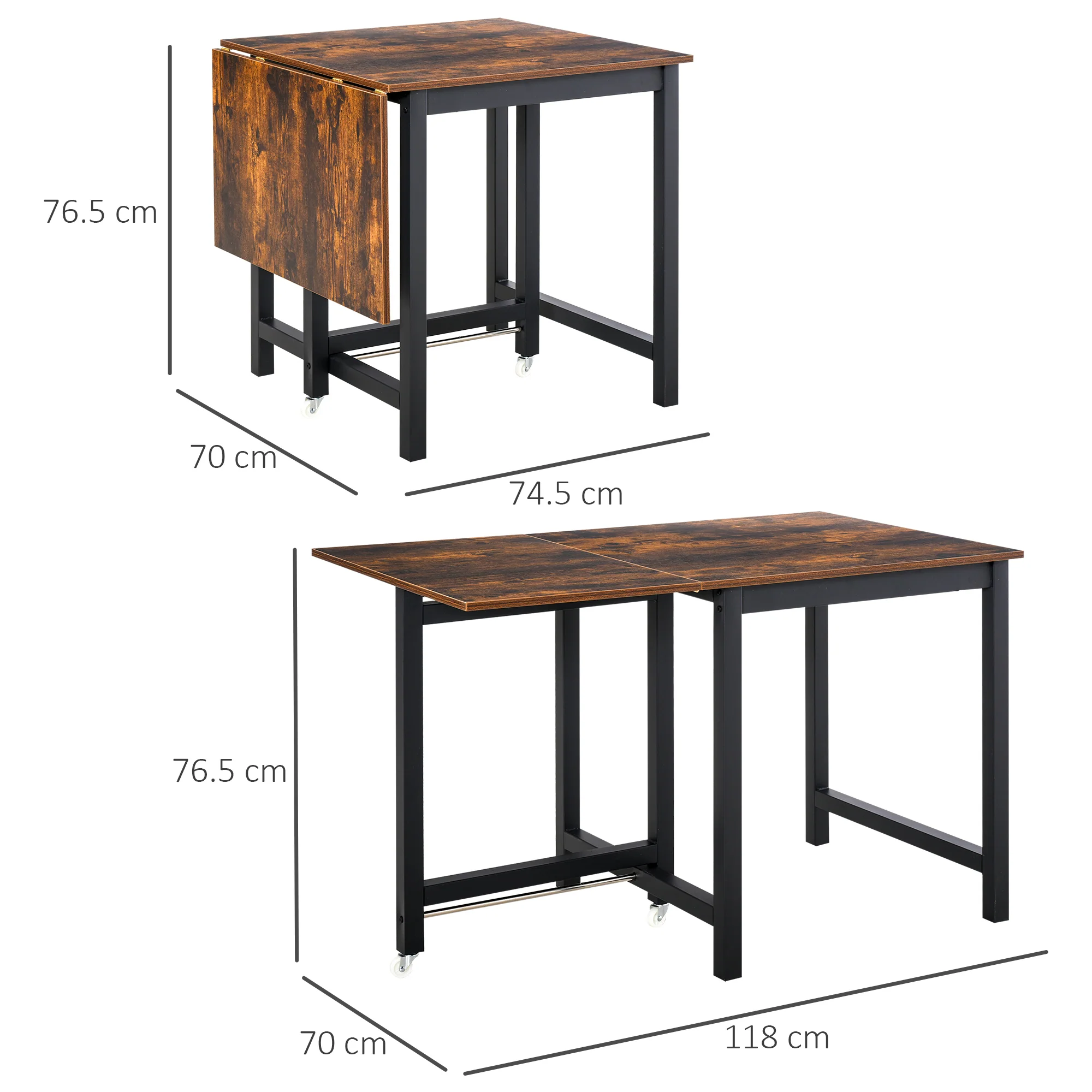 Extendable Dining Table, Folding Kitchen with Wheels, Metal Brown - Image 3