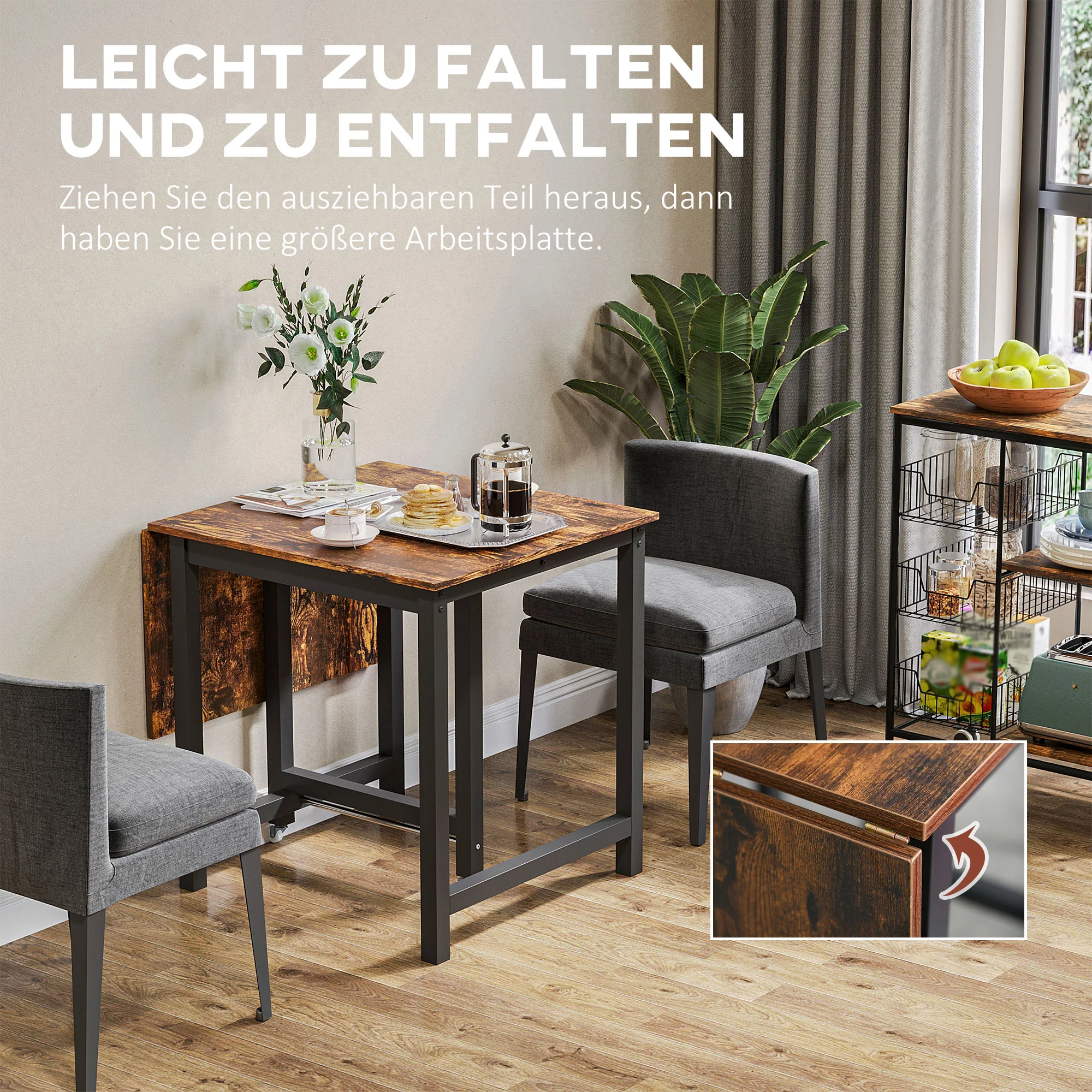 Extendable Dining Table, Folding Kitchen with Wheels, Metal Brown - Image 4
