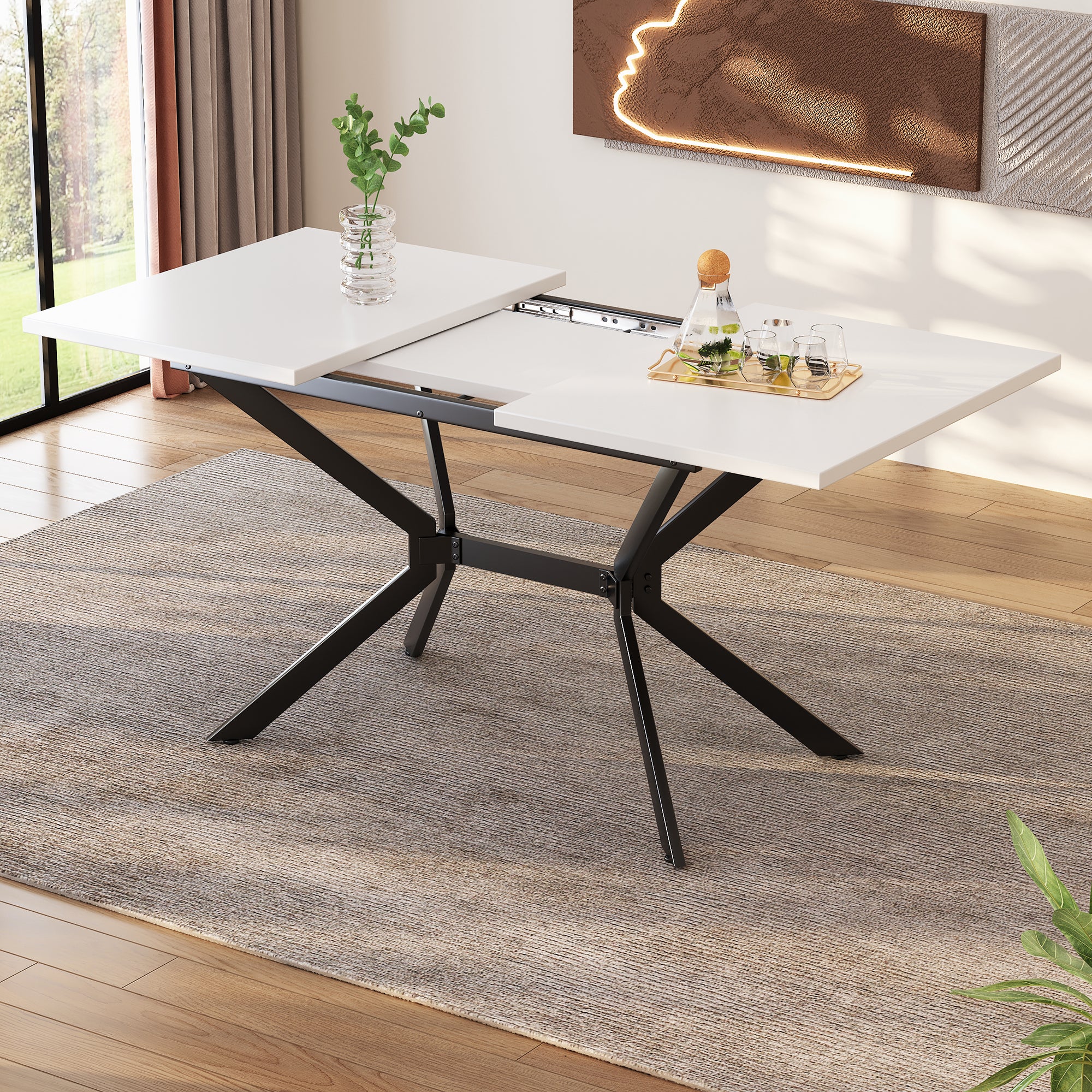 Extendable Dining Table, Rectangular Seating for 4-6 People, White and Black Metal - Image 2