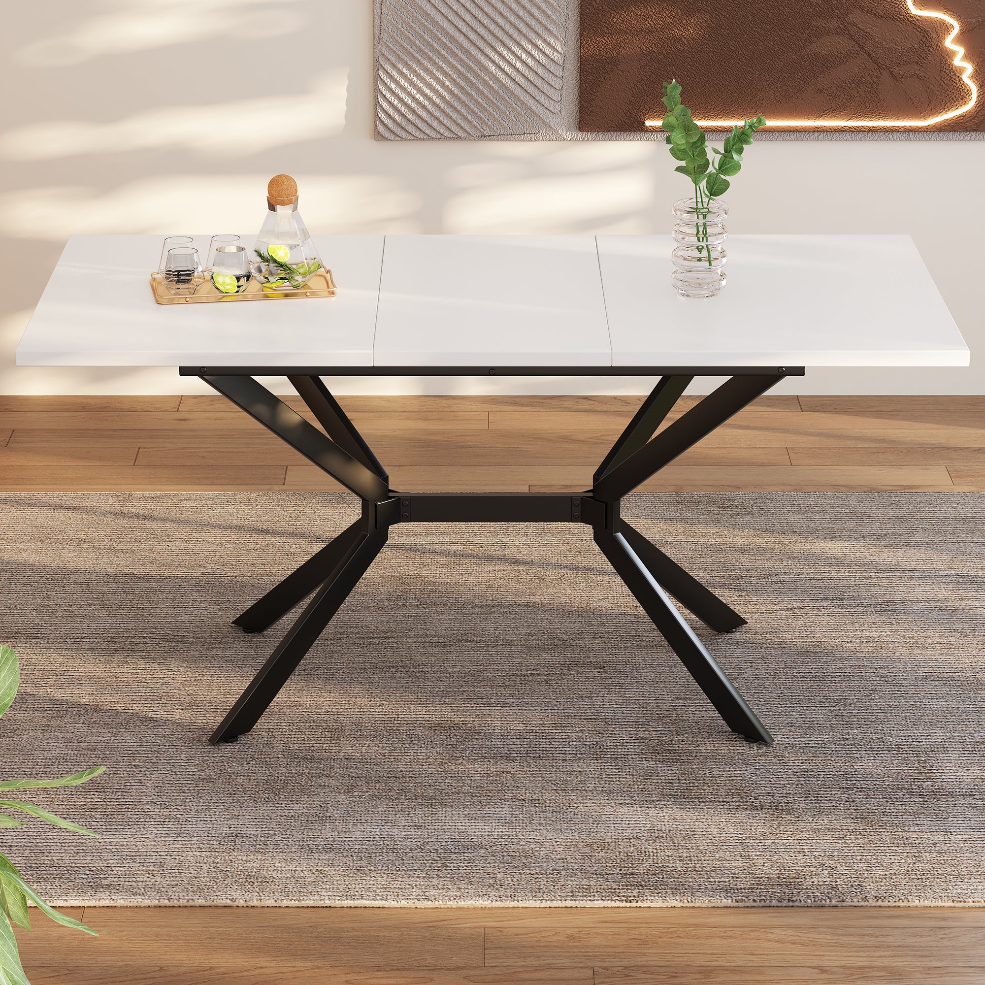 Extendable Dining Table, Rectangular Seating for 4-6 People, White and Black Metal - Image 3