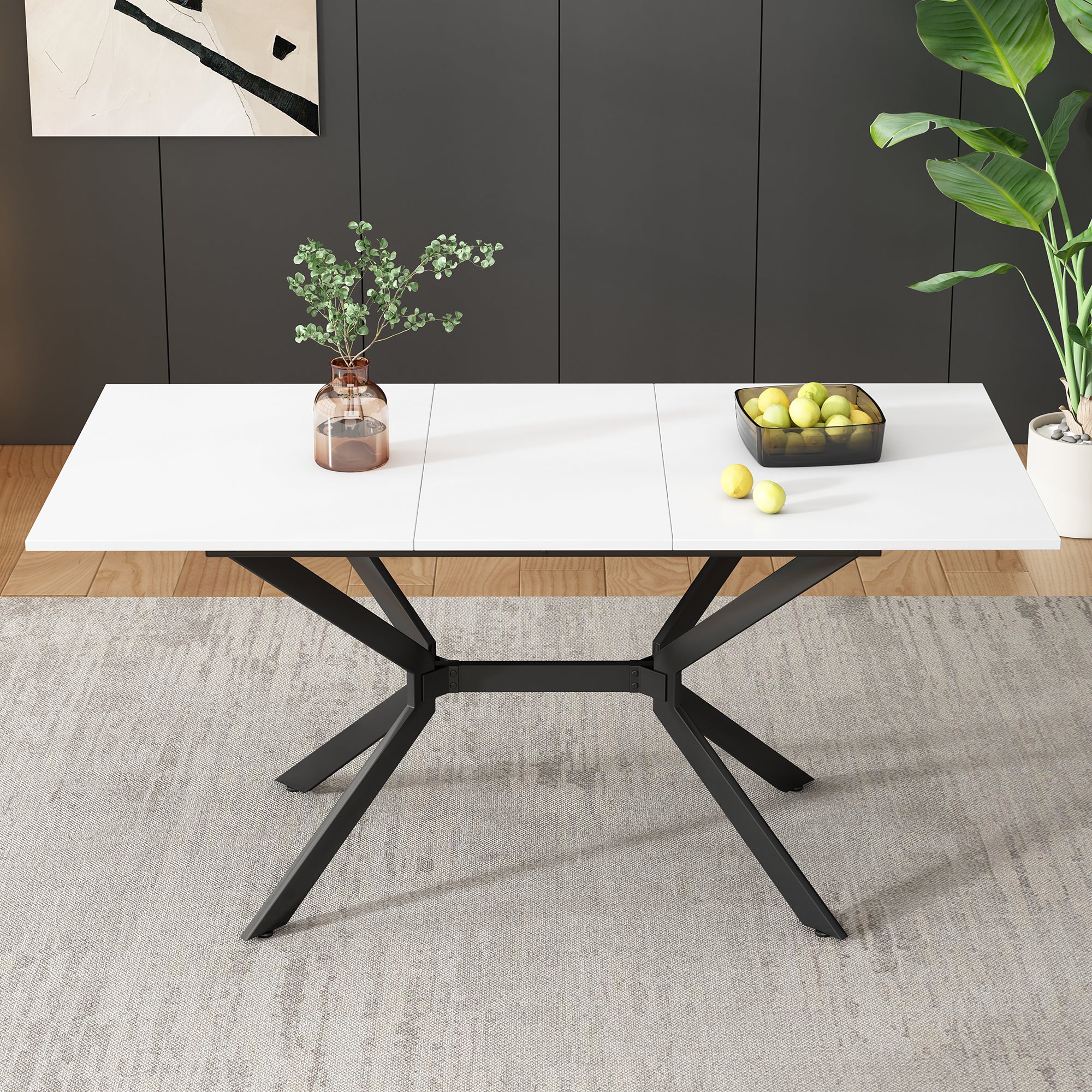 Extendable Dining Table, Rectangular Seating for 4-6 People, White and Black Metal - Image 4