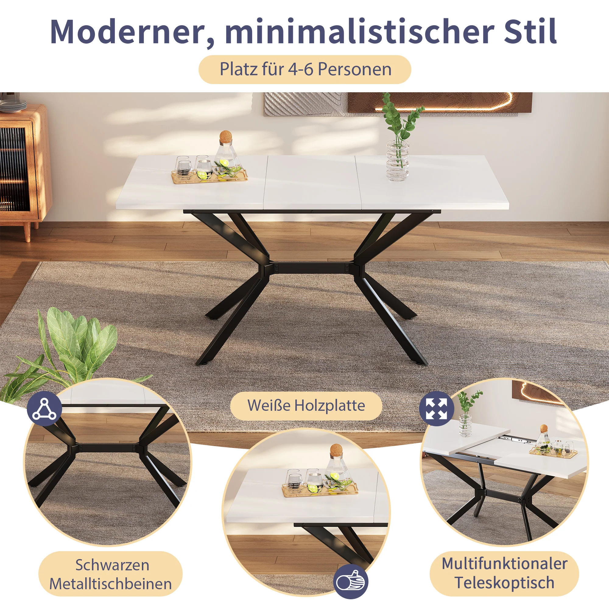 Extendable Dining Table, Rectangular Seating for 4-6 People, White and Black Metal - Image 5