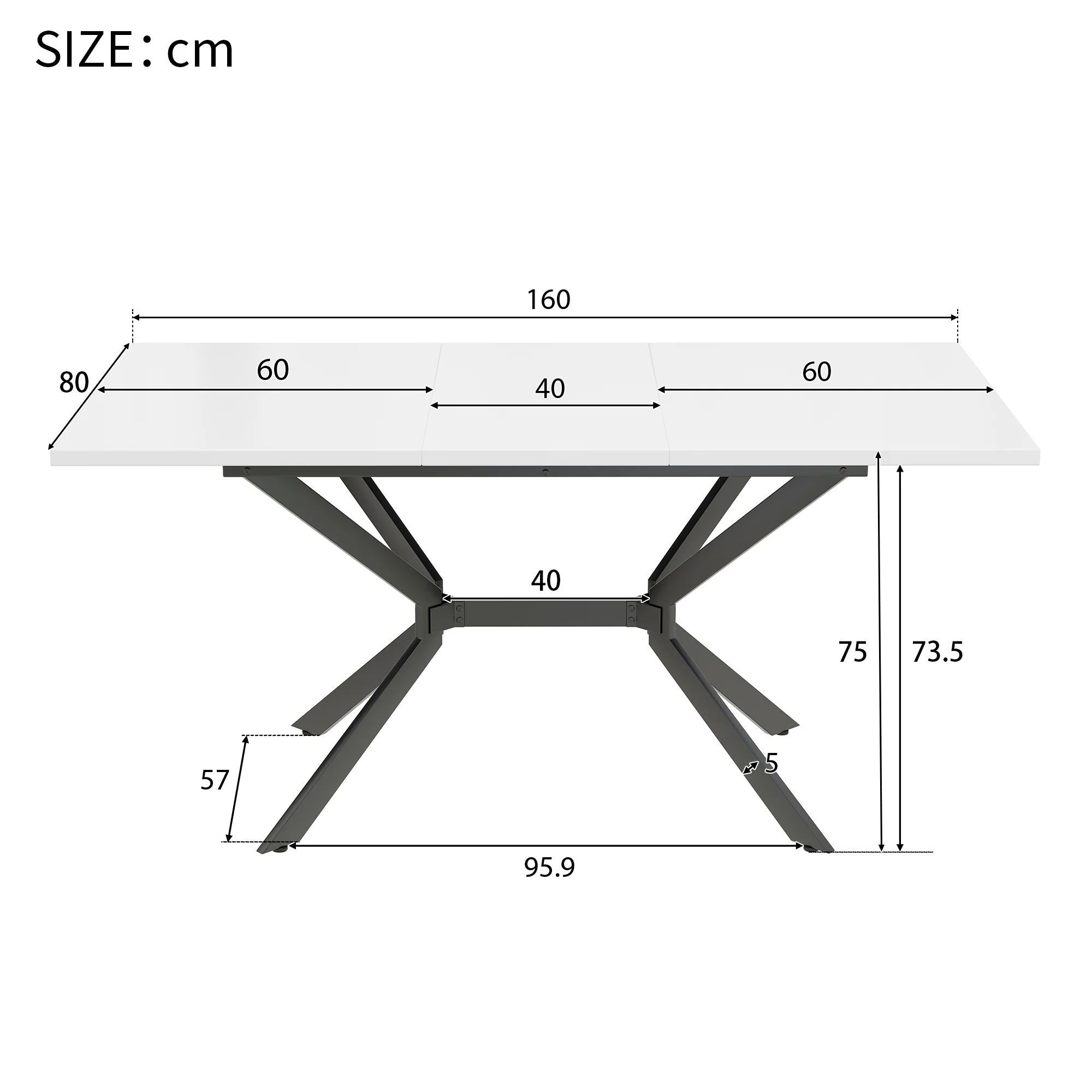 Extendable Dining Table, Rectangular Seating for 4-6 People, White and Black Metal - Image 6