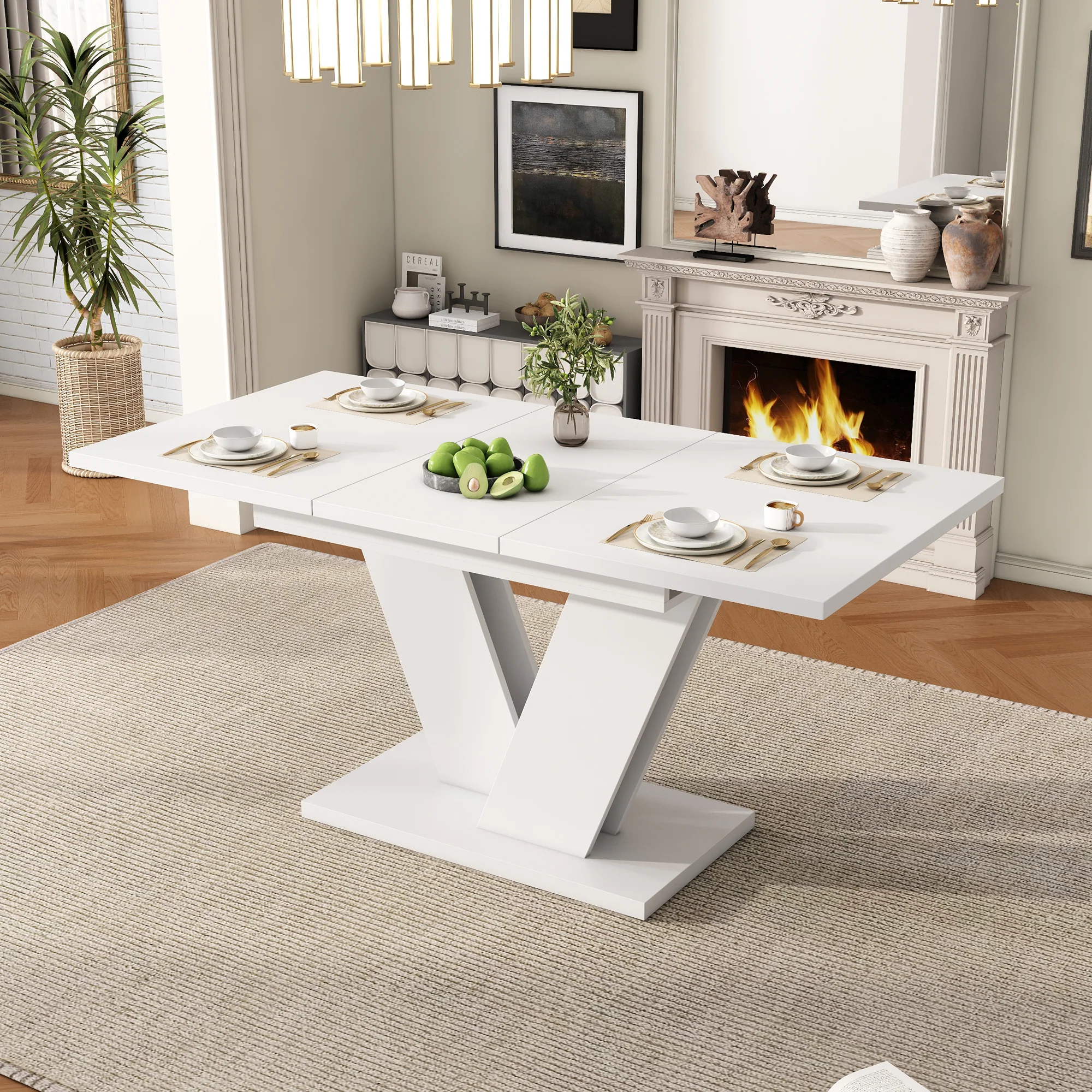 Extendable Dining Table, Rectangular V-Leg for 4-6 People, White