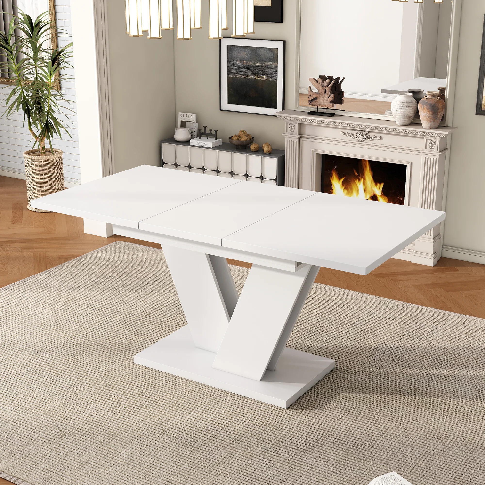 Extendable Dining Table, Rectangular V-Leg for 4-6 People, White - Image 2