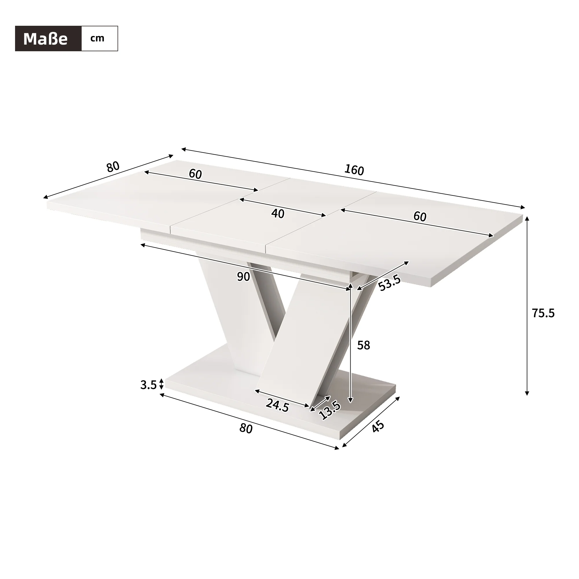 Extendable Dining Table, Rectangular V-Leg for 4-6 People, White - Image 3