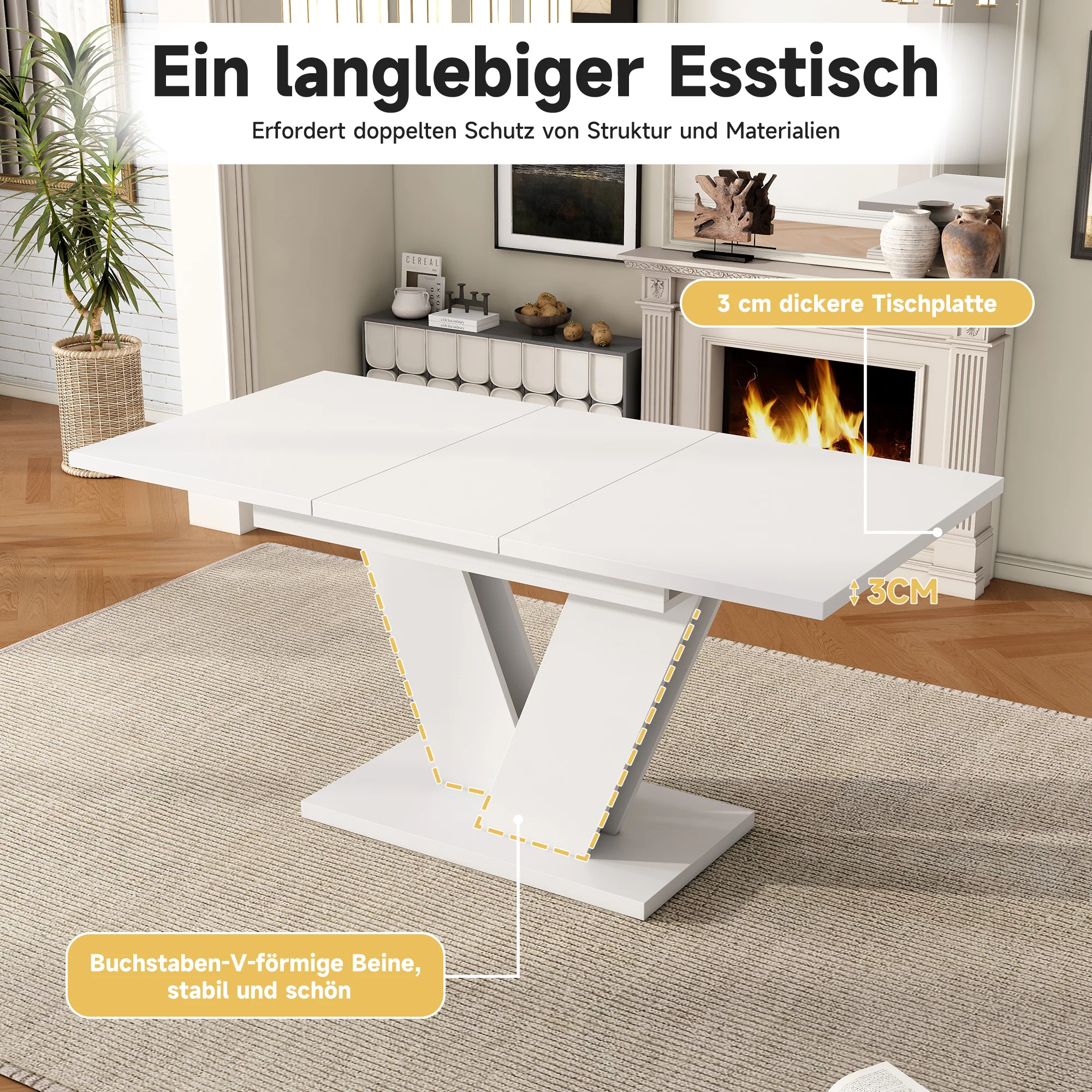 Extendable Dining Table, Rectangular V-Leg for 4-6 People, White - Image 4