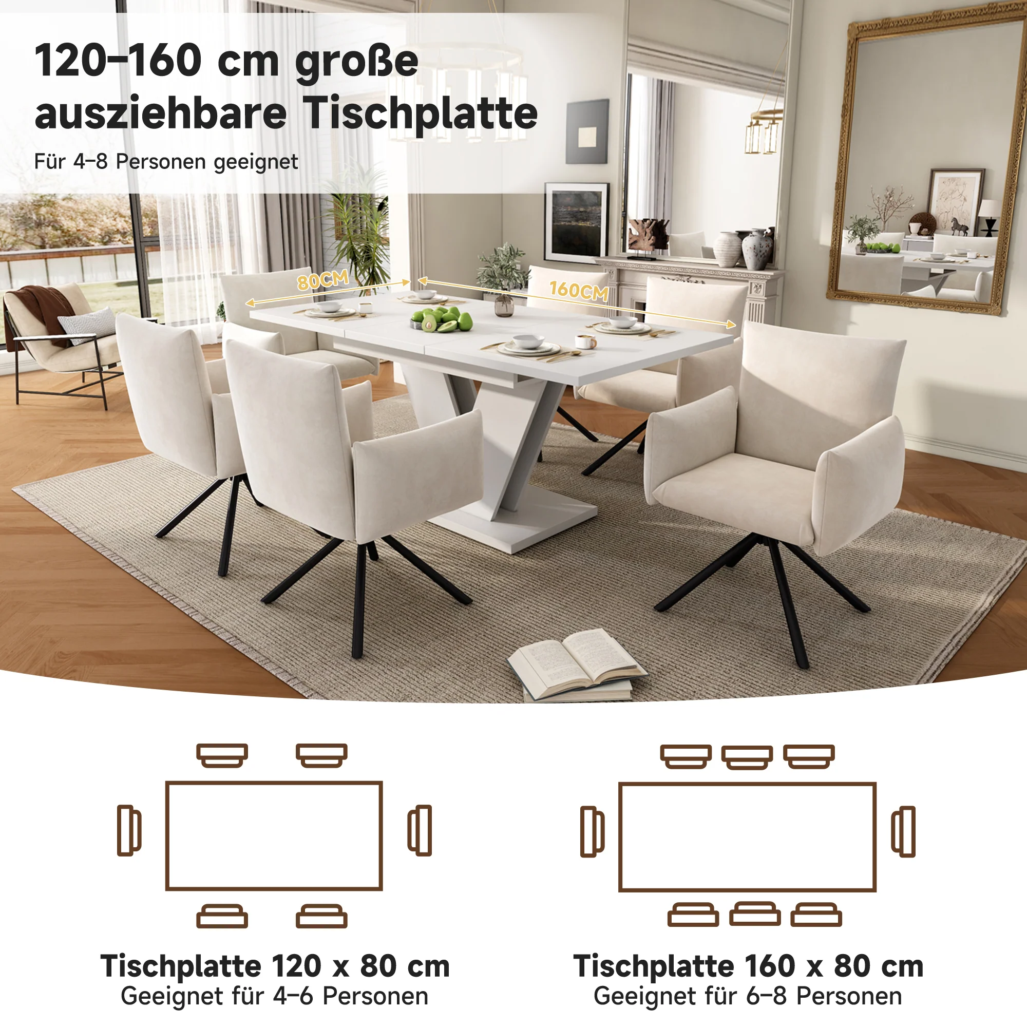 Extendable Dining Table, Rectangular V-Leg for 4-6 People, White - Image 5