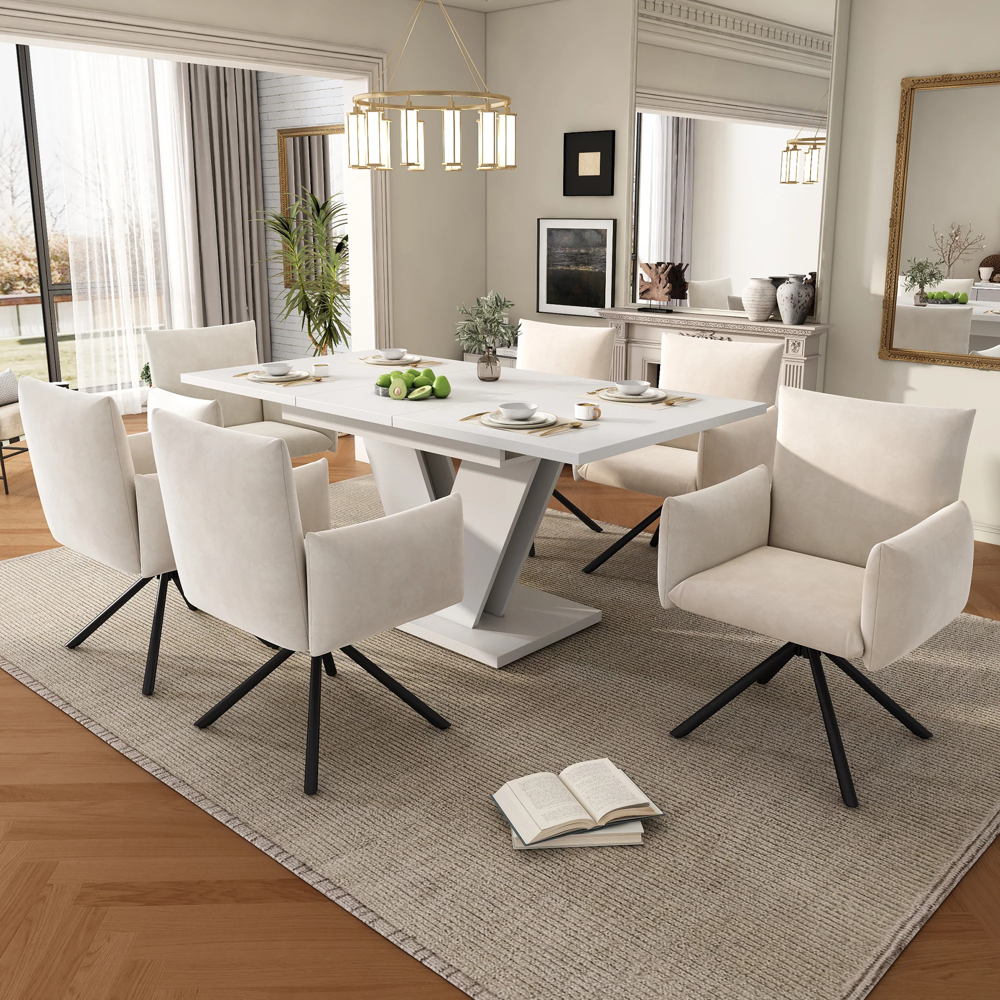 Extendable Dining Table, Rectangular V-Leg for 4-6 People, White - Image 6